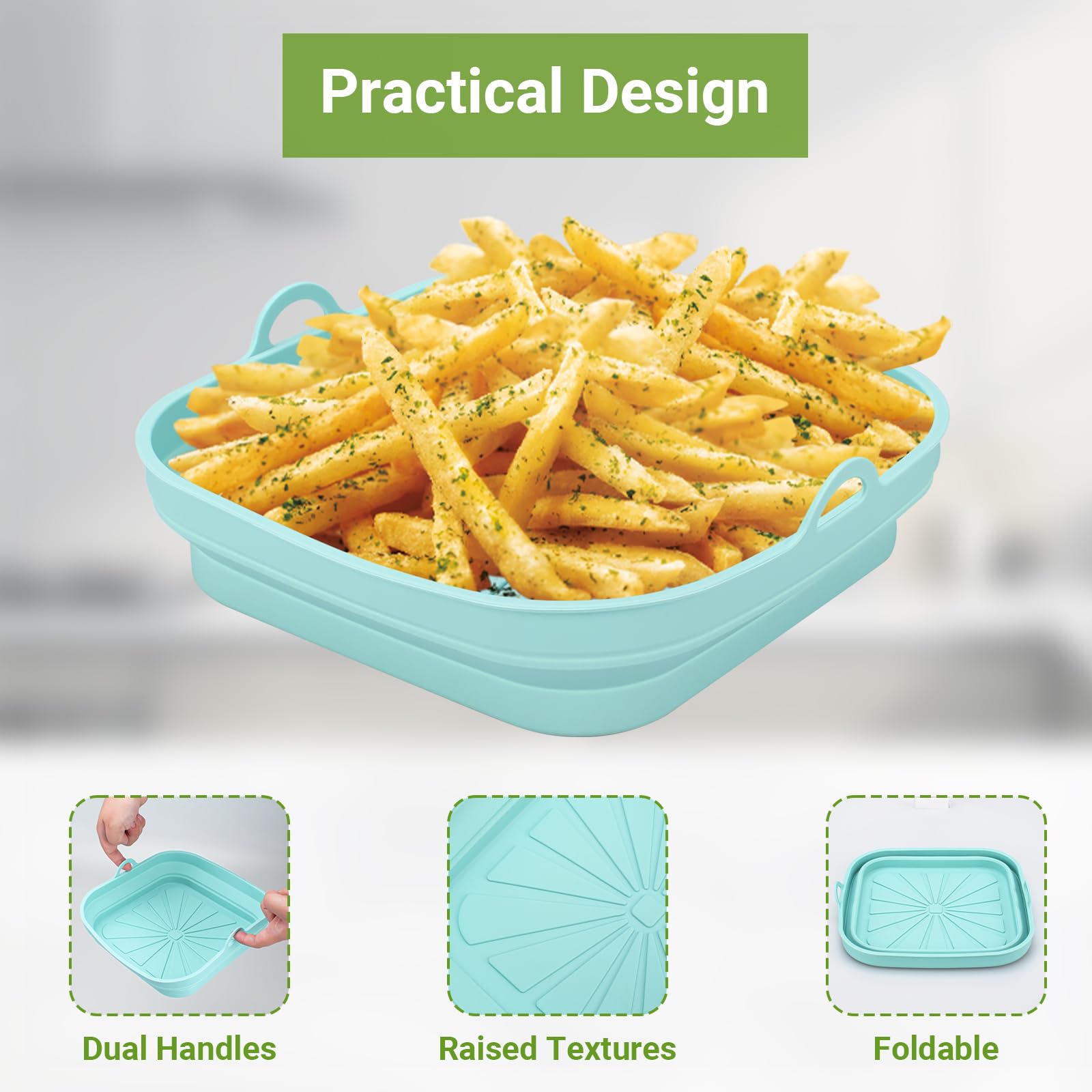 Alyvisun Silicone Air Fryer Basket Mold, 2-Piece Reusable Square Pan & Foldable Liner for Hot Air Fryer, Microwave & Oven (Blue + Gray) – Perfect for Healthy Cooking, Meal Prep & Snacks