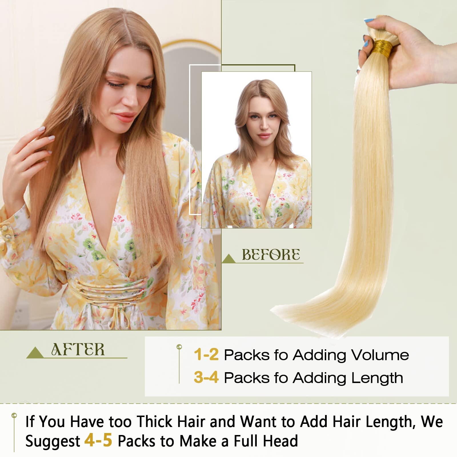 Benehair 24 Inch Straight Brazilian Human Hair Bundles - 100% Unprocessed Virgin Remy Hair Extensions #613 Bleach Blonde (100g) for Natural Look & Daily Styling