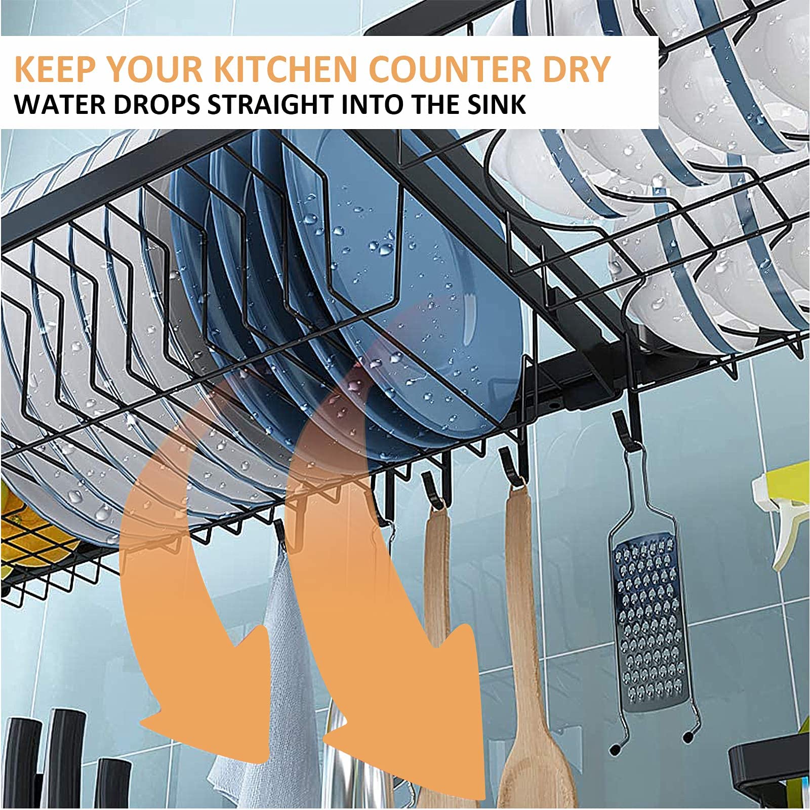 2-Tier Over The Sink Dish Drying Rack with 5 Utility Hooks - Large Kitchen Organization Storage Shelf & Utensil Holder for Countertops (Fits Sinks ≤32.5