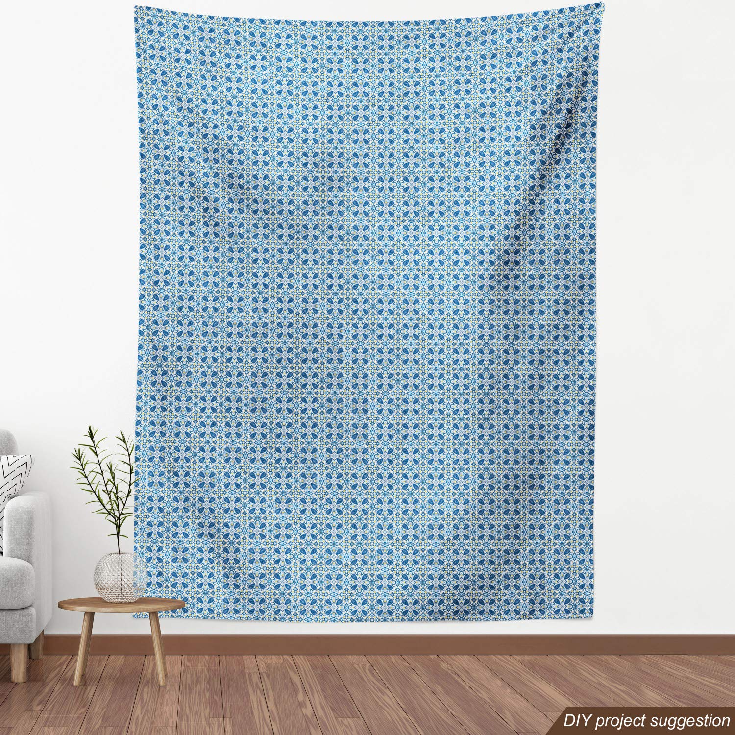 Portuguese Tile Floral Fabric - 10 Yards for Upholstery & Home Decor | Yellow Blue Mosaic Design