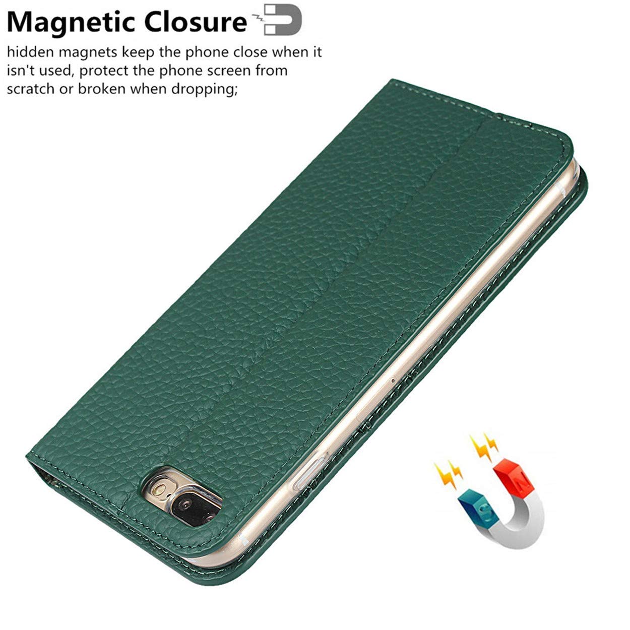 Genuine Leather iPhone 7 Plus/8 Plus Wallet Case with Magnetic Closure, Wrist Strap, Card Holder & Kickstand - Flip Cover Phone Case (Green) - Perfect for Business, Travel & Everyday Protection