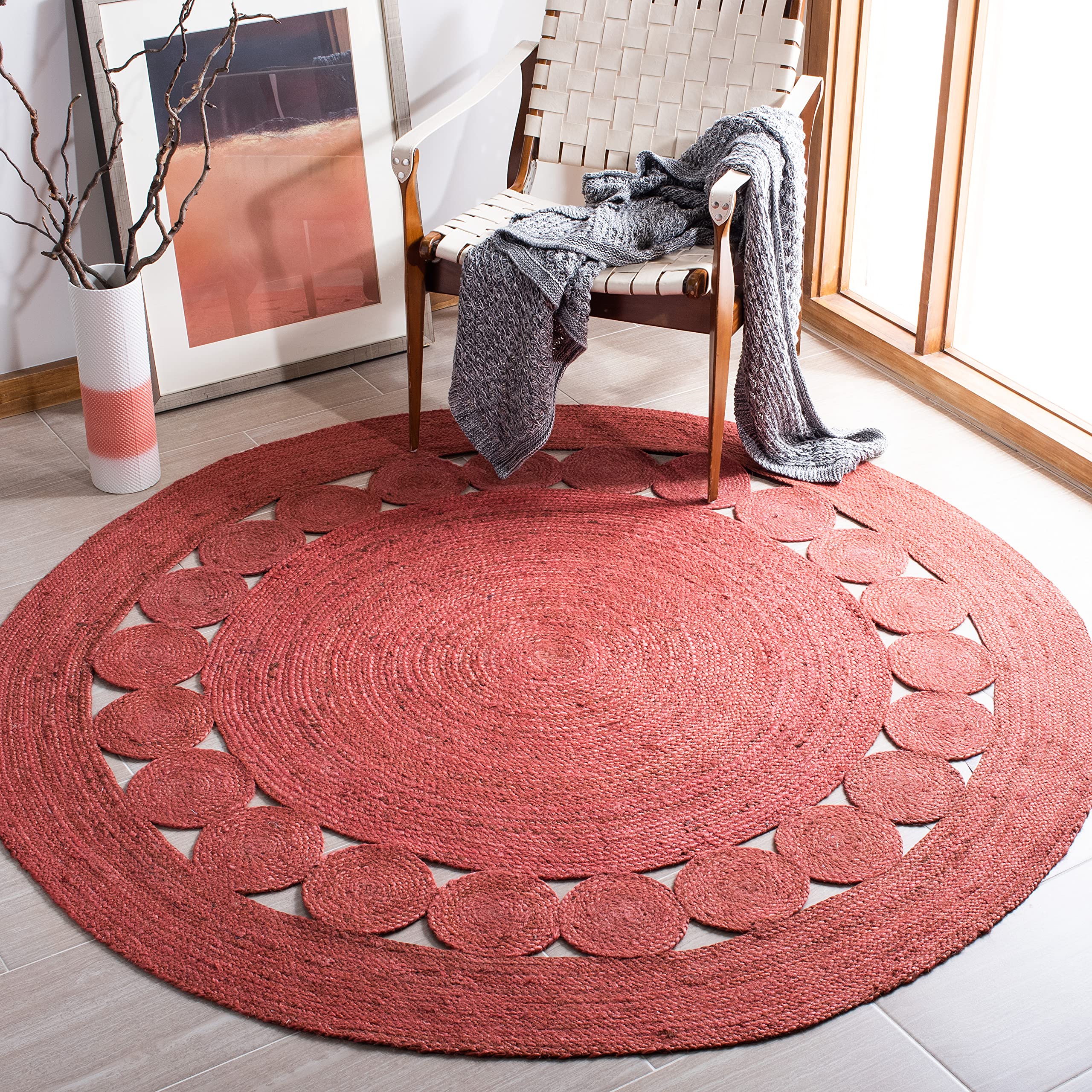 SAFAVIEH Natural Fiber Collection Handmade Jute Area Rug - 9' Round, Rust, Boho Farmhouse Style for Living Room & Bedroom | Durable for High Traffic Areas | Eco-Friendly Home Decor