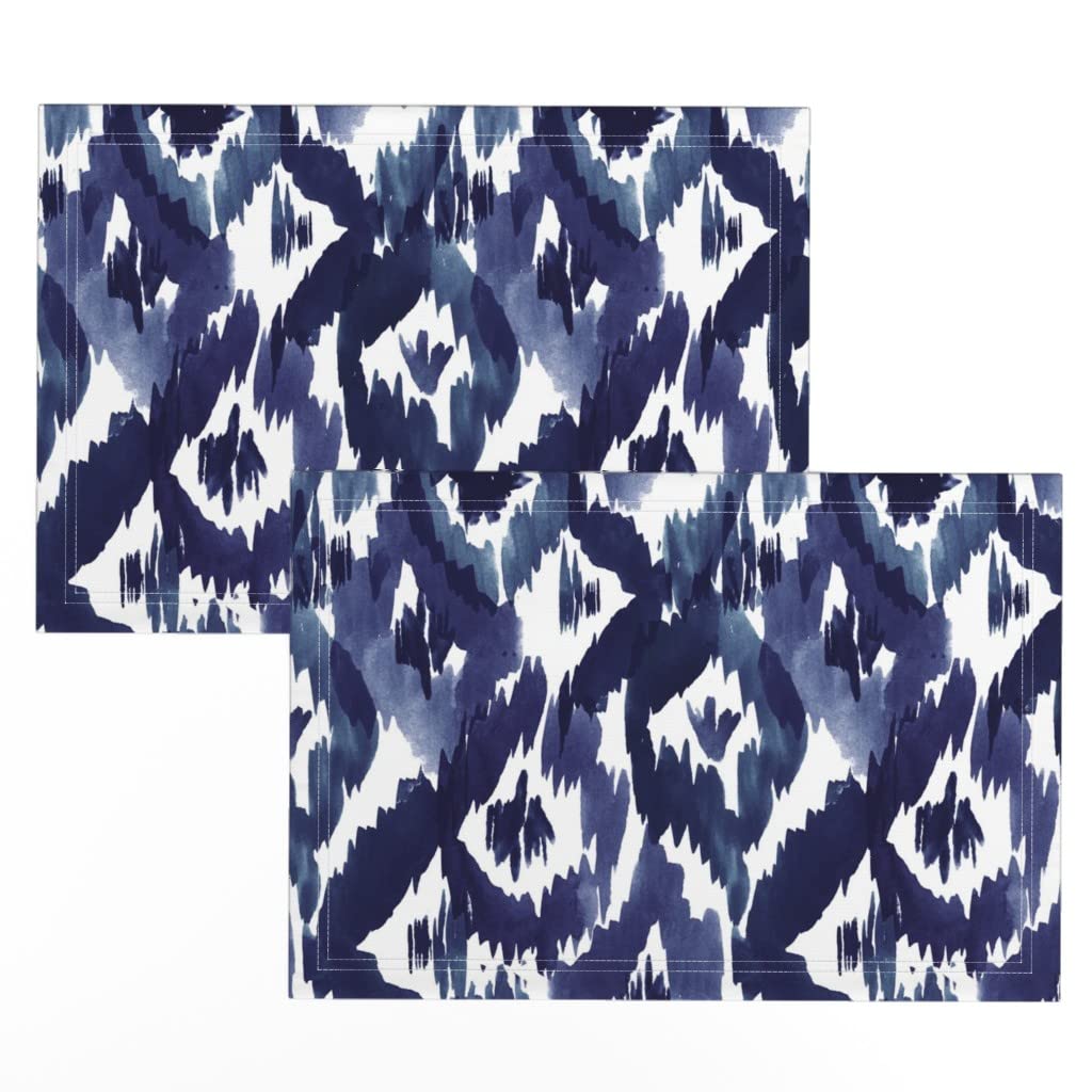 Premium Linen Cotton Canvas Placemats Set of 2 - Ikat Diamonds Indigo Blue Geometric Watercolor Tribal Print Table Mats for Dining Room Decor, Kitchen Table Setting & Dinner Party Accessories