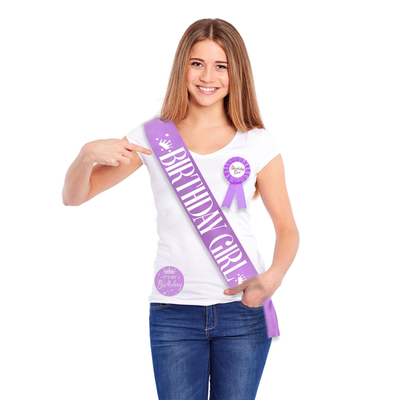 Purple Birthday Sash and Pin Button Set (3 Pieces) - Elegant Birthday Decorations for Women & Girls - Perfect for Birthday Parties, Quinceañeras, Bachelorette Celebrations and Special Occasions