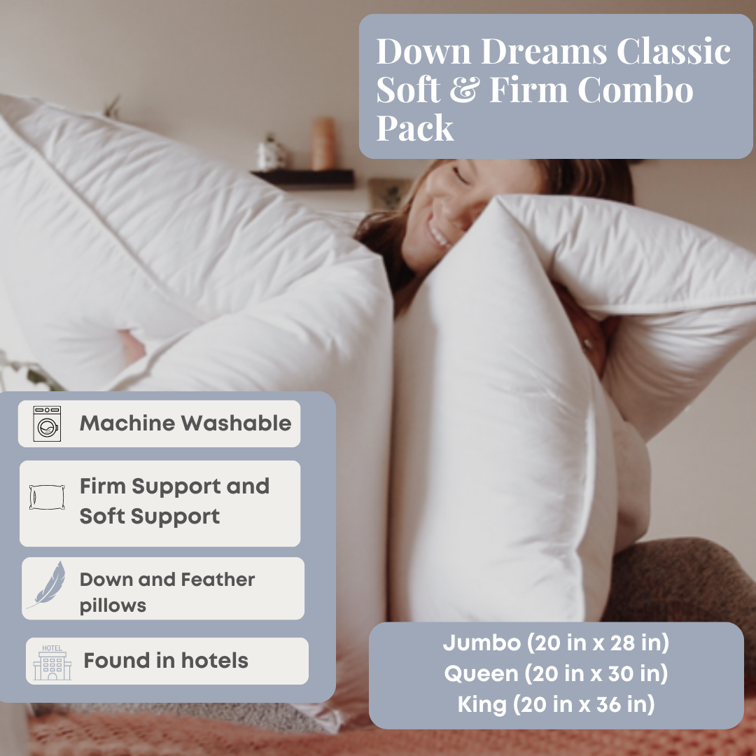 Down Dreams Classic Soft & Firm Combo Pillow Set (2 Pack) - Premium Support for Side, Back & Stomach Sleepers - Ideal for Home, Travel & Guest Rooms