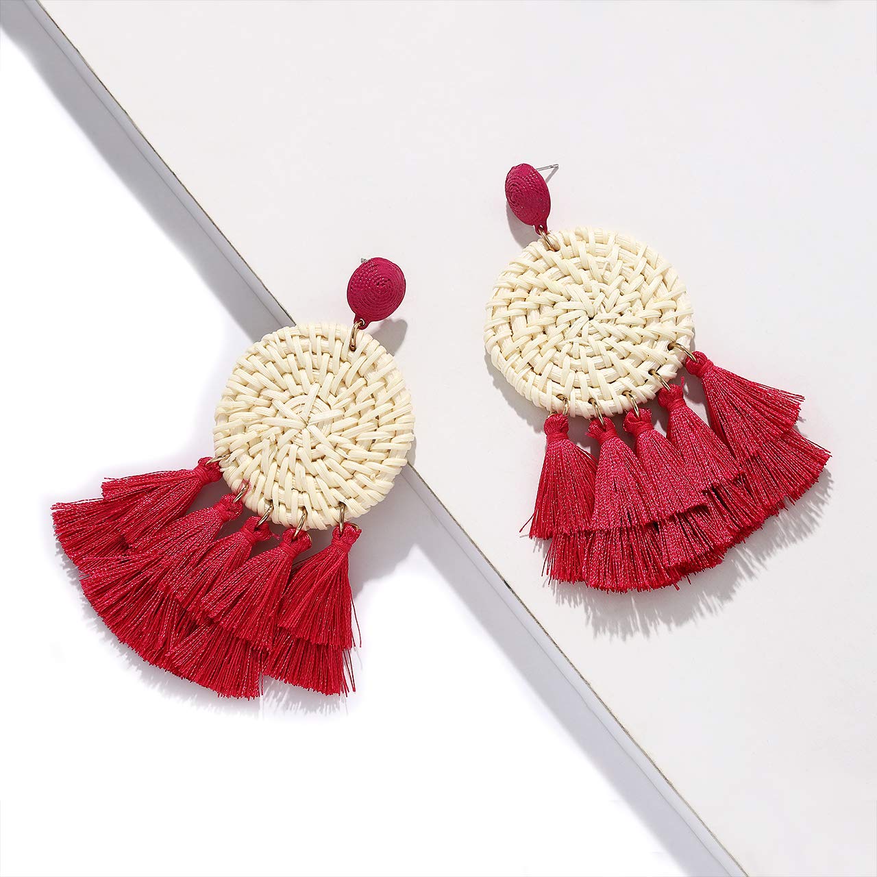 Bohemian Rattan Earrings for Women - Lightweight Handmade Woven Tassel Drop Earrings with Straw Texture | Perfect for Summer Festivals, Beach Vacations, and Boho Chic Outfits