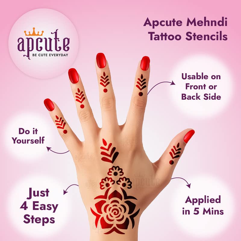 Apcute Temporary Tattoo Stickers for Women & Girls - Henna Inspired Mehndi Design Stencils (Set of 204) - Easy to Apply & Remove - Perfect for Parties, Weddings, Festivals & Kids' Playtime