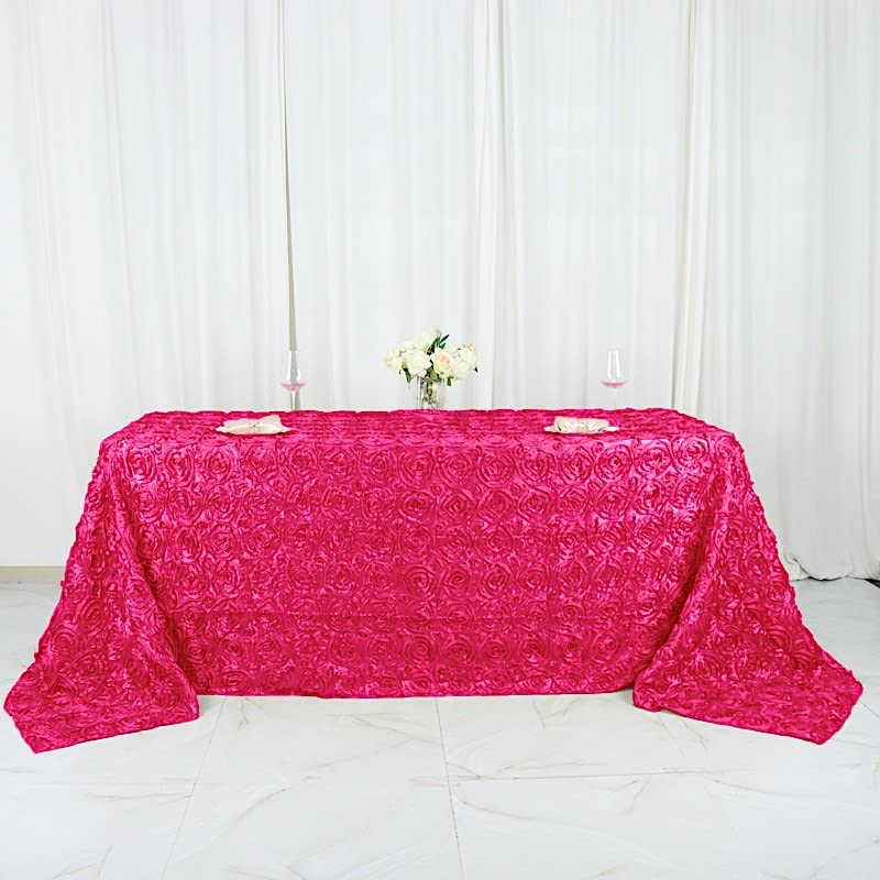 BalsaCircle 90x132 Inch Fuchsia Pink Satin Tablecloth with Raised Rosette Embroidery - Elegant Rectangle Table Cover for Wedding, Party, Banquet & Formal Dining Room Decor
