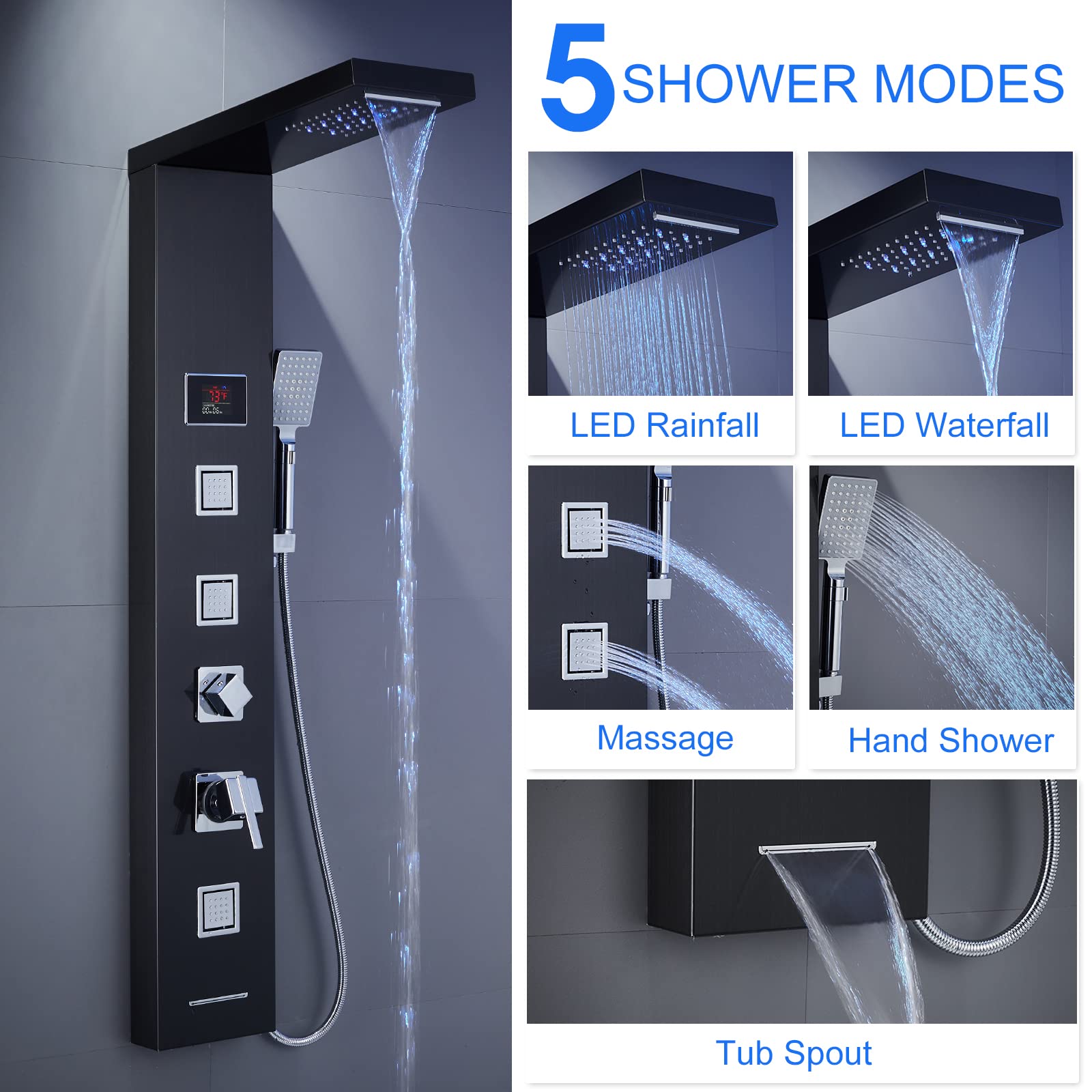 Premium LED Shower Panel Tower System - Black Stainless Steel 304 with 5-Function Rainfall, Waterfall & Body Jet Massage for Spa-Like Bathroom Experience | Perfect for Master Bathroom, Luxury Hotel & Wellness Center