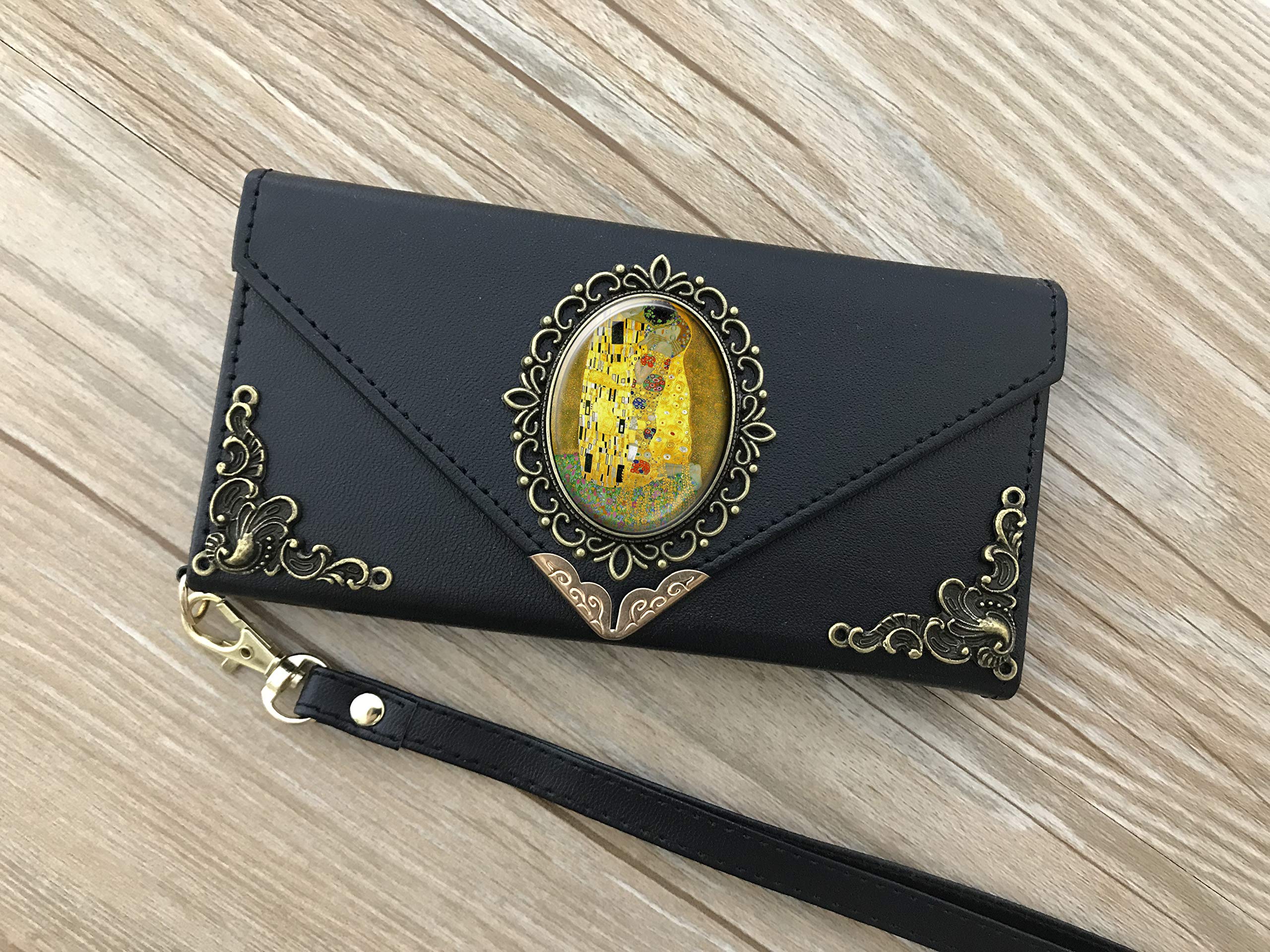 Gustav Klimt The Kiss Art Design Premium Leather Wallet Case for iPhone X/XS/XR/11/12/13/14 Pro Max & Galaxy S23/S22/S21/S20 Ultra/S10/S9/Note 20/8/9/10 Plus - Perfect for Art Lovers & Daily Use