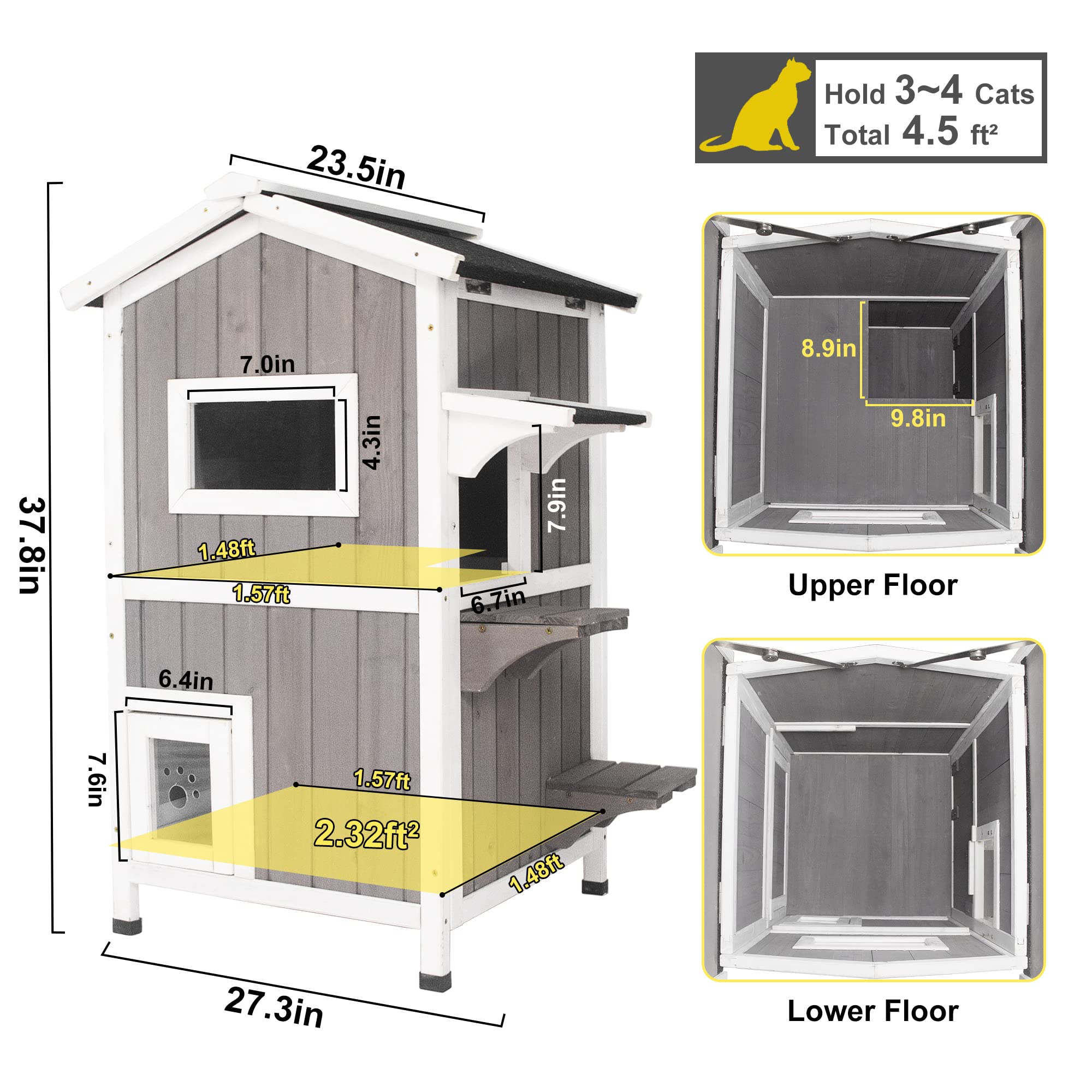 Waterproof Wooden Cat House for Indoor & Outdoor Use - 2 Story Kitty Condo with Escape Door - Perfect for Backyard, Patio, or Living Room Pet Shelter