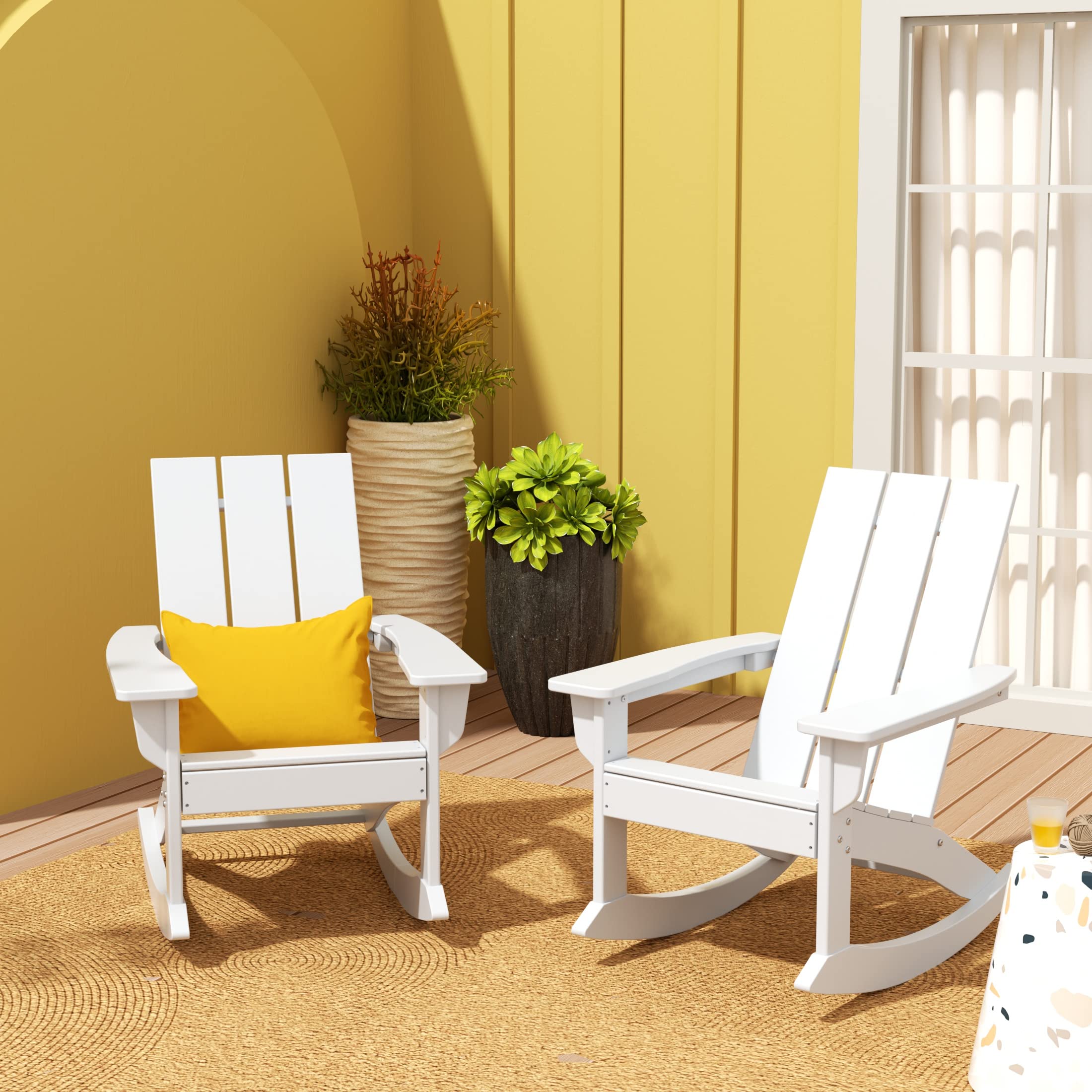 WO Home Furniture 2-Piece Adirondack Rocking Chair Set - All-Weather UV-Resistant White Outdoor Patio Chairs for Garden, Deck, Porch & Backyard Relaxation
