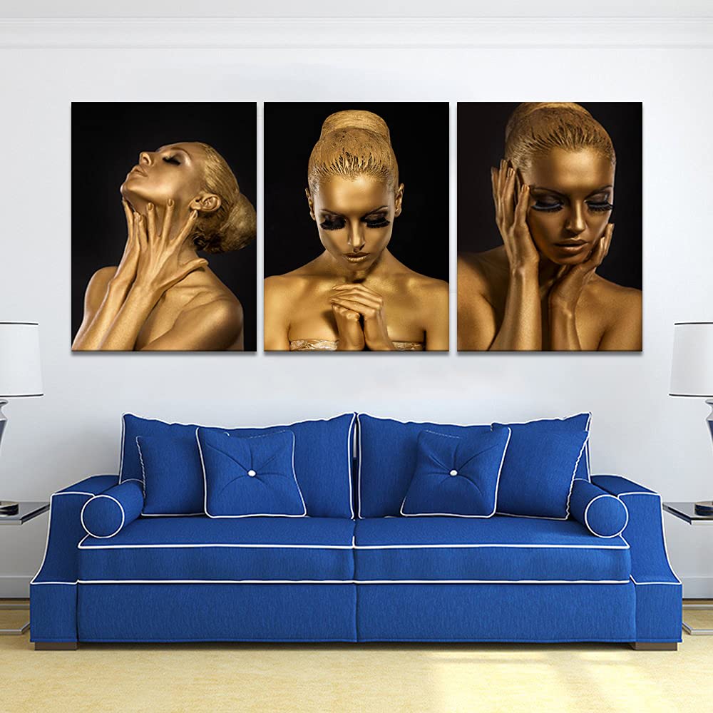Black and Gold African Woman Canvas Wall Art - Set of 3 Framed Paintings (20