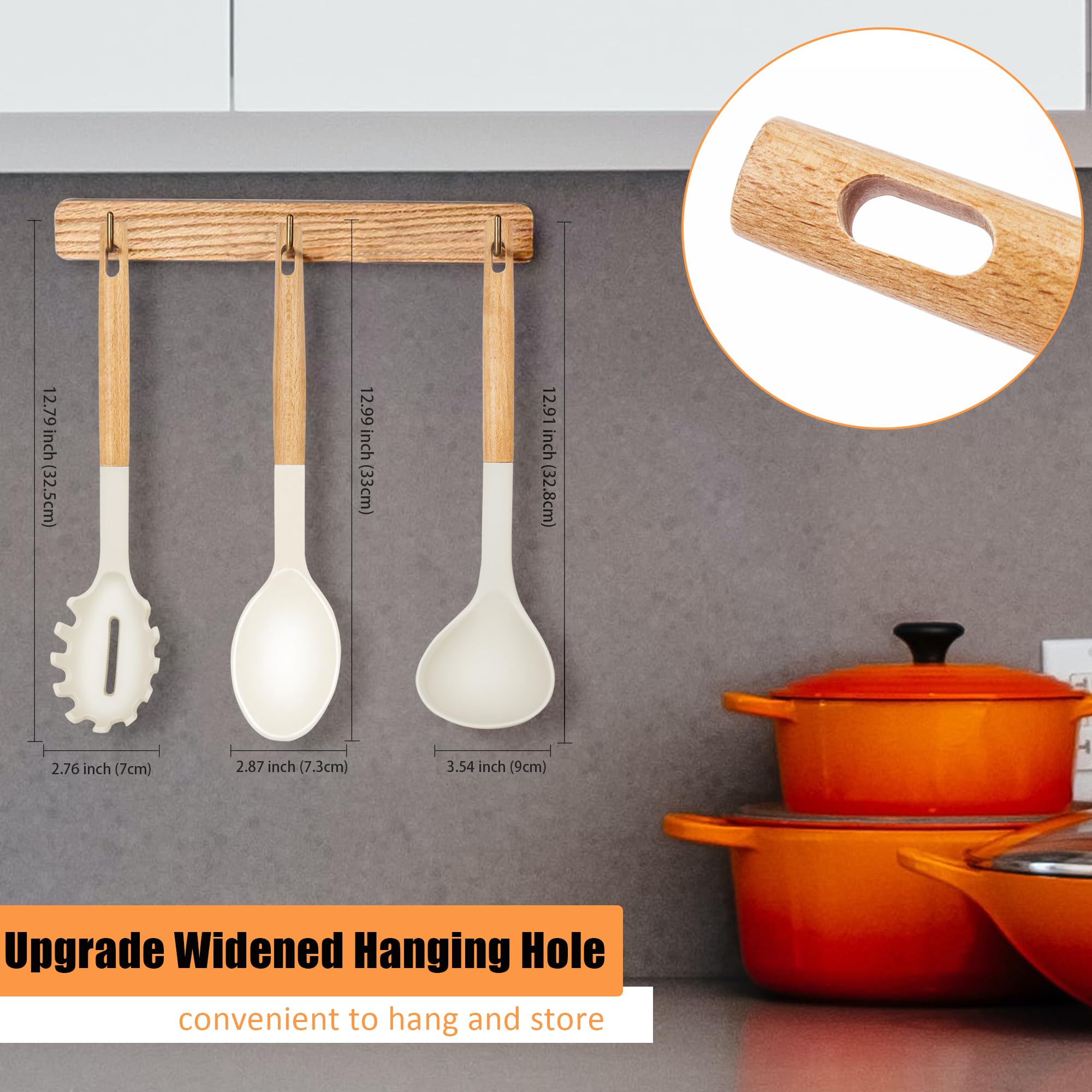 3-Piece Silicone Cooking Spoon Set - Nonstick Large Soup Ladle, Solid Spoon & Pasta Server - Heat Resistant Kitchen Utensils for Serving Spaghetti Sauce, Stirring & Cooking - Perfect for Pasta Dishes, Soups & Everyday Meal Prep (Wooden Light Khaki)