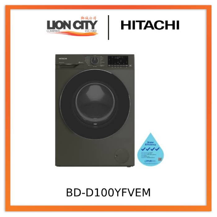 Hitachi BD D100YFVEM Front Load Washer Dryer with Steam & Hygiene Inverter - Energy Efficient Laundry Solution for Small Spaces & Apartments