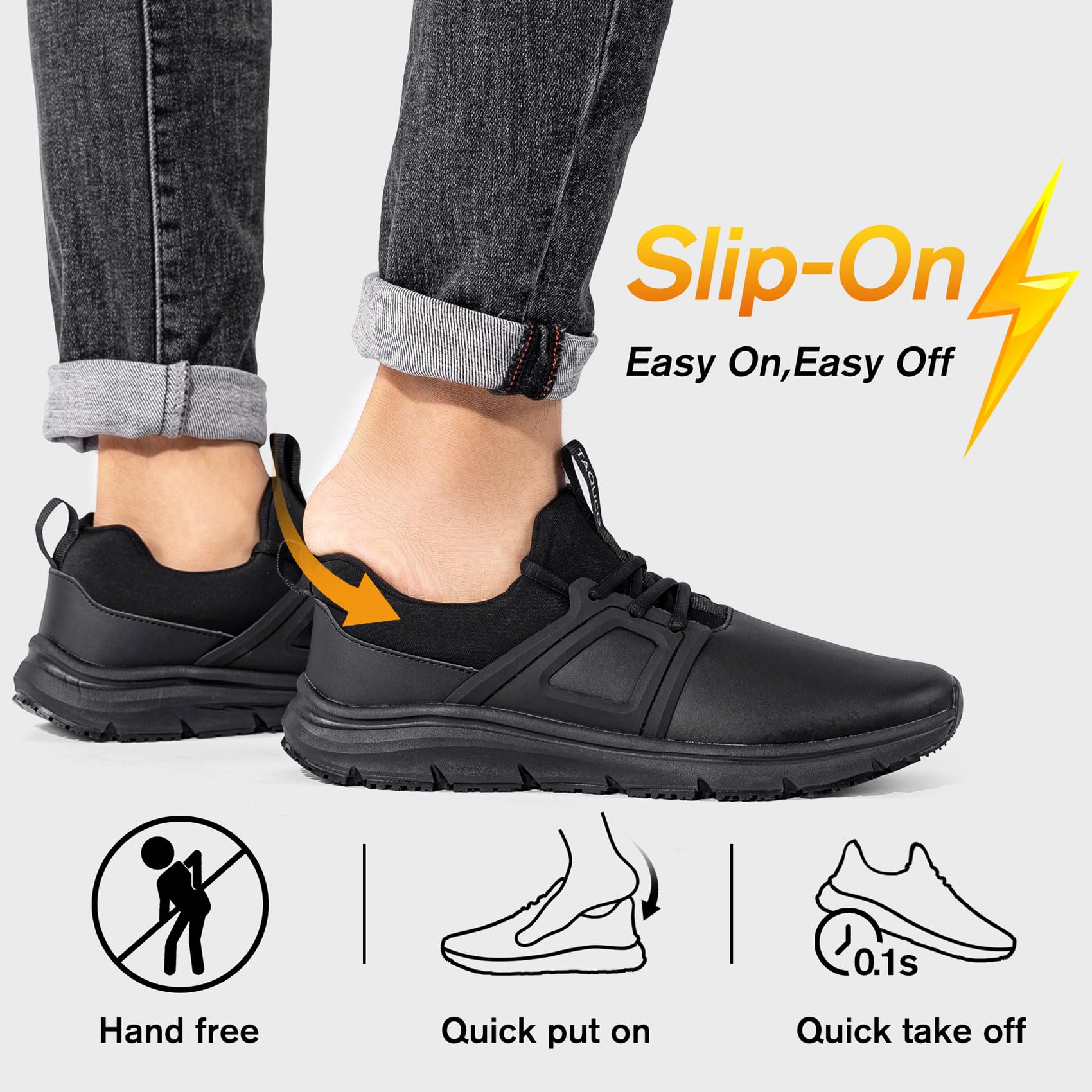 Non-Slip Work Shoes for Men - Slip-On Waterproof Sneakers for Kitchen & Restaurant - Comfortable Slip-Resistant Chef Shoes - Ideal for Cooking, Food Service & Hospitality - Black