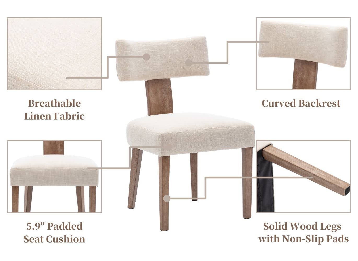 Modern Dining Chairs Set of 2 - Upholstered Wooden Leg Side Chairs with Linen Fabric & Curved Wingback Design - Comfortable for Living Room, Bedroom, Kitchen - Beige Home Decor for Family Gatherings & Dinner Parties