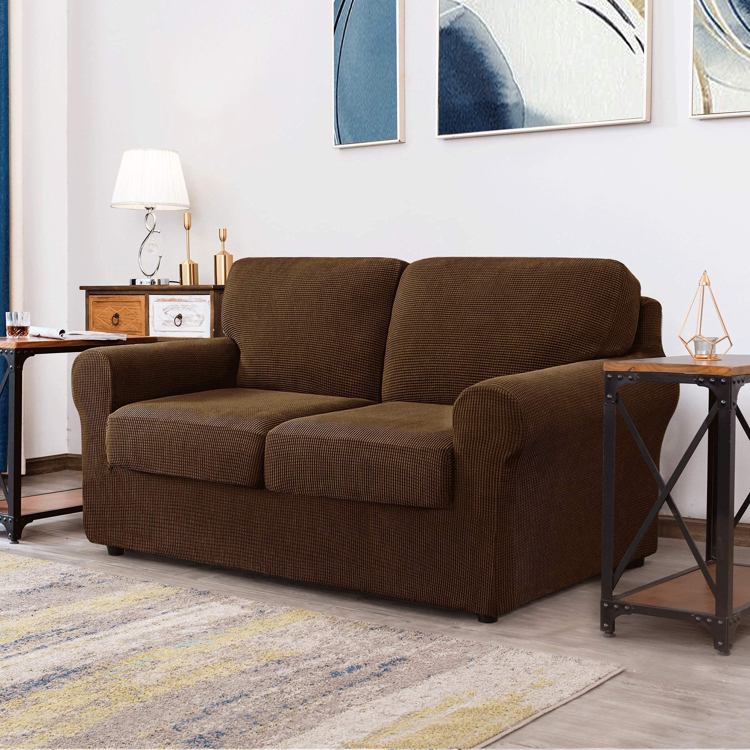 CHUN YI Loveseat Sofa Cover Set - Stretchable Jacquard Fabric Slipcover with Detachable Backrest & Cushion Covers, Checkered Design (Coffee Brown) - Perfect for Living Room, Apartment Furniture Protection & Home Decor Upgrade
