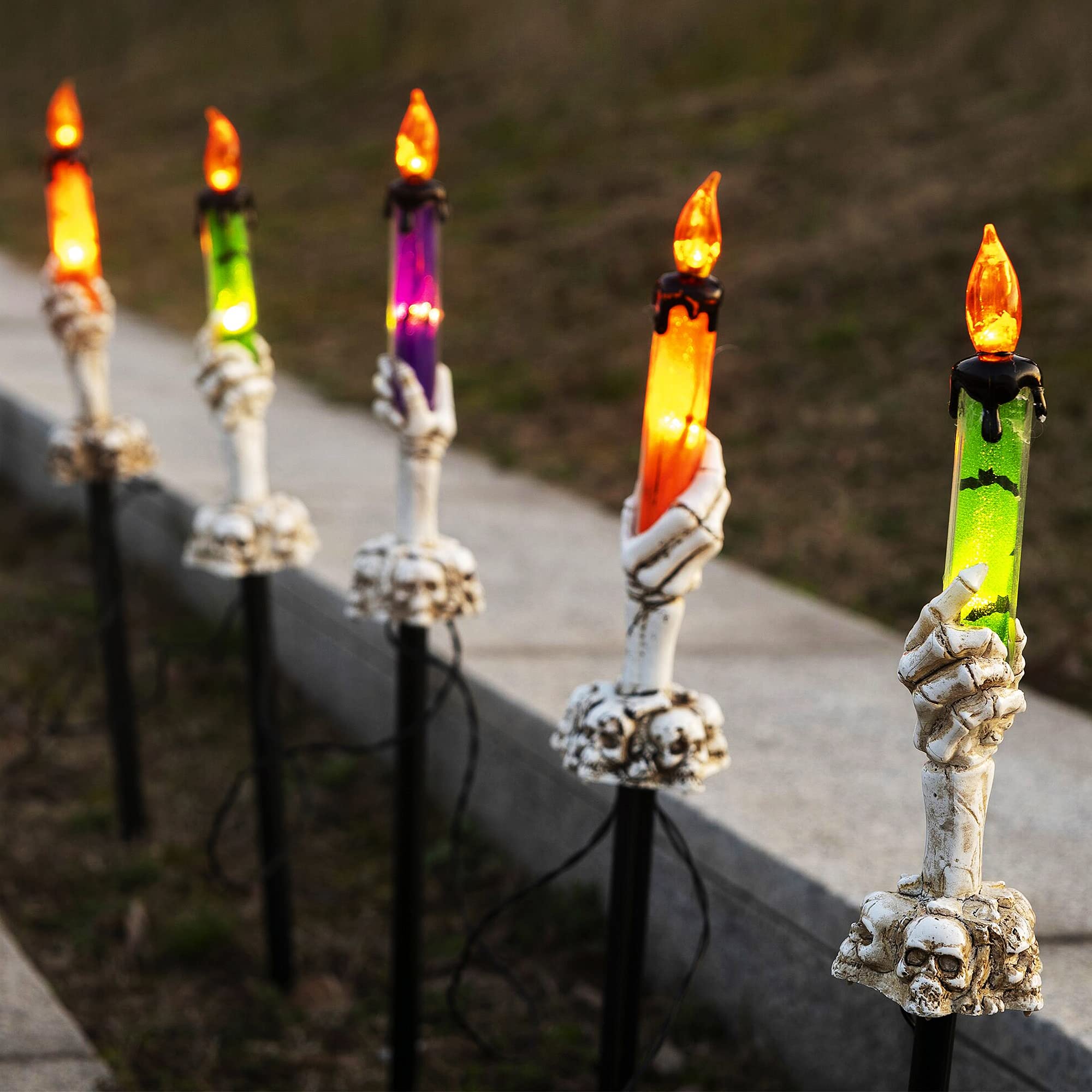 WaterGlide Halloween Candle Light Stakes - 5 Pack Skeleton Hand Pathway Markers with LED Candles | Waterproof Battery-Operated Outdoor Decor with Timer | Perfect for Halloween Yard, Garden, Party & Holiday Decorations