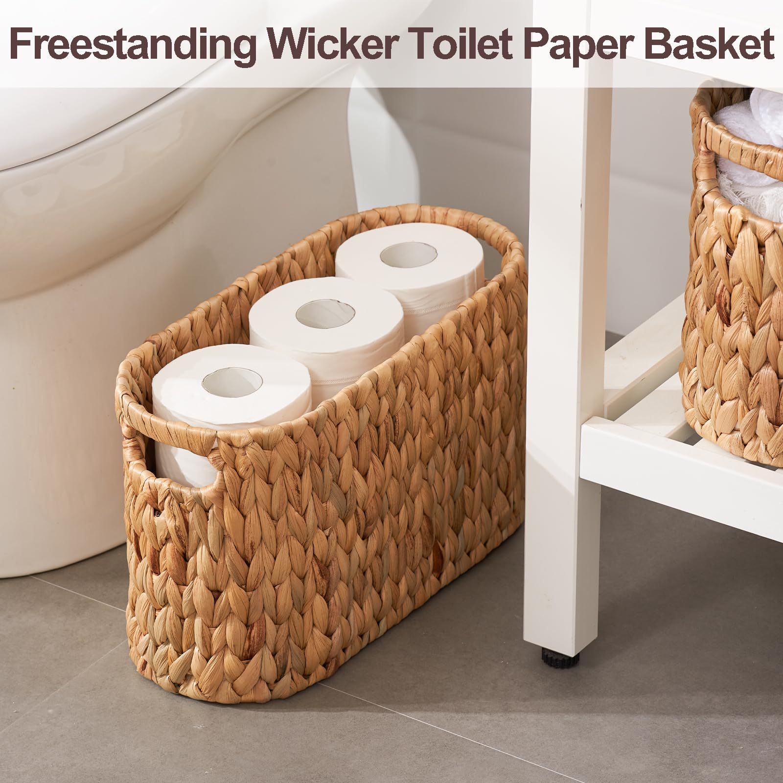 FairyHaus Natural Water Hyacinth Toilet Paper Holder Basket - Handwoven Freestanding Bathroom Storage with Built-in Handles (Holds 6 Rolls) - Perfect for Bathroom Organization & Farmhouse Decor