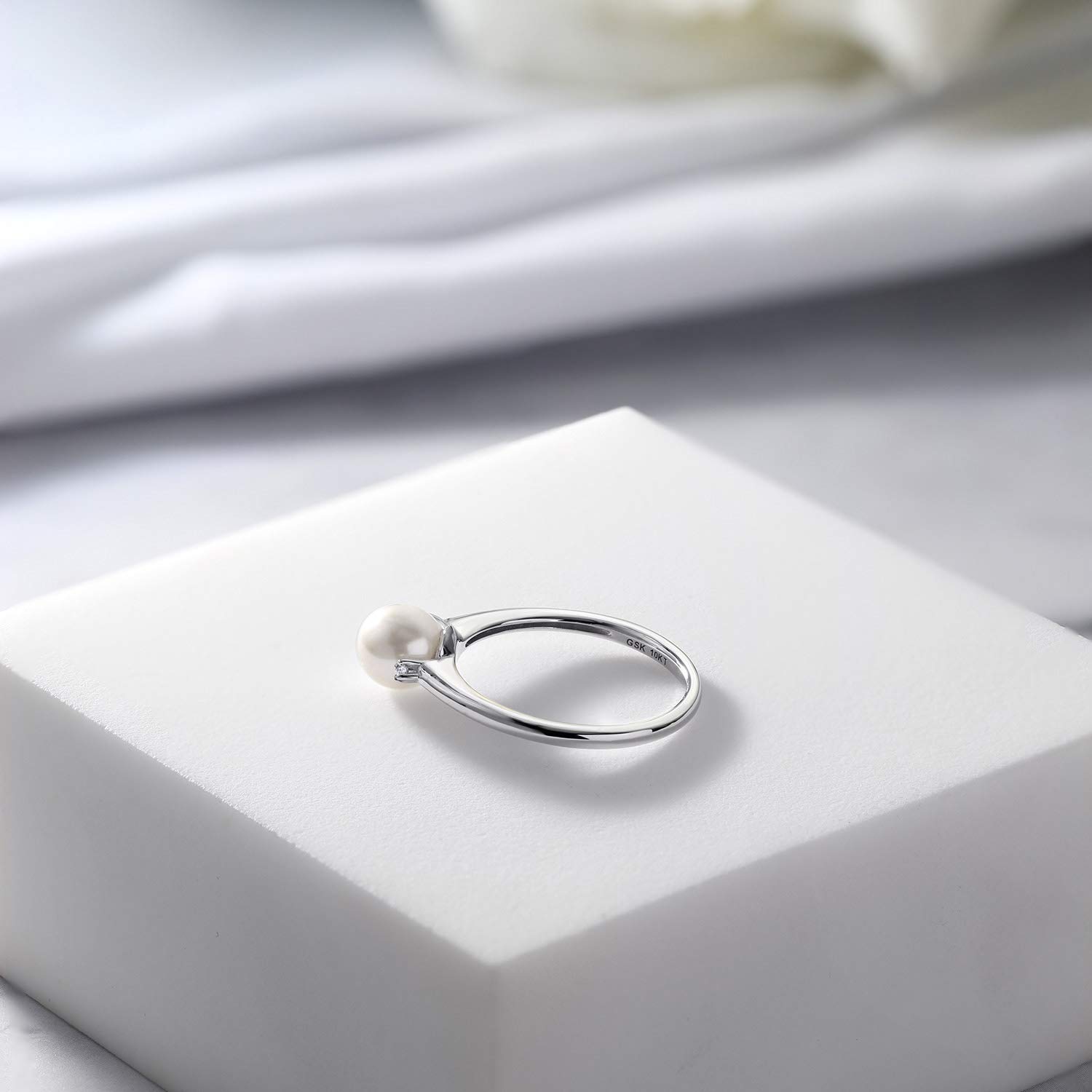 10K White Gold 7mm Cultured Freshwater Pearl & White Topaz Engagement Ring for Women - Size 5-9 | Elegant Bridal Jewelry, Wedding Gift, Anniversary Present