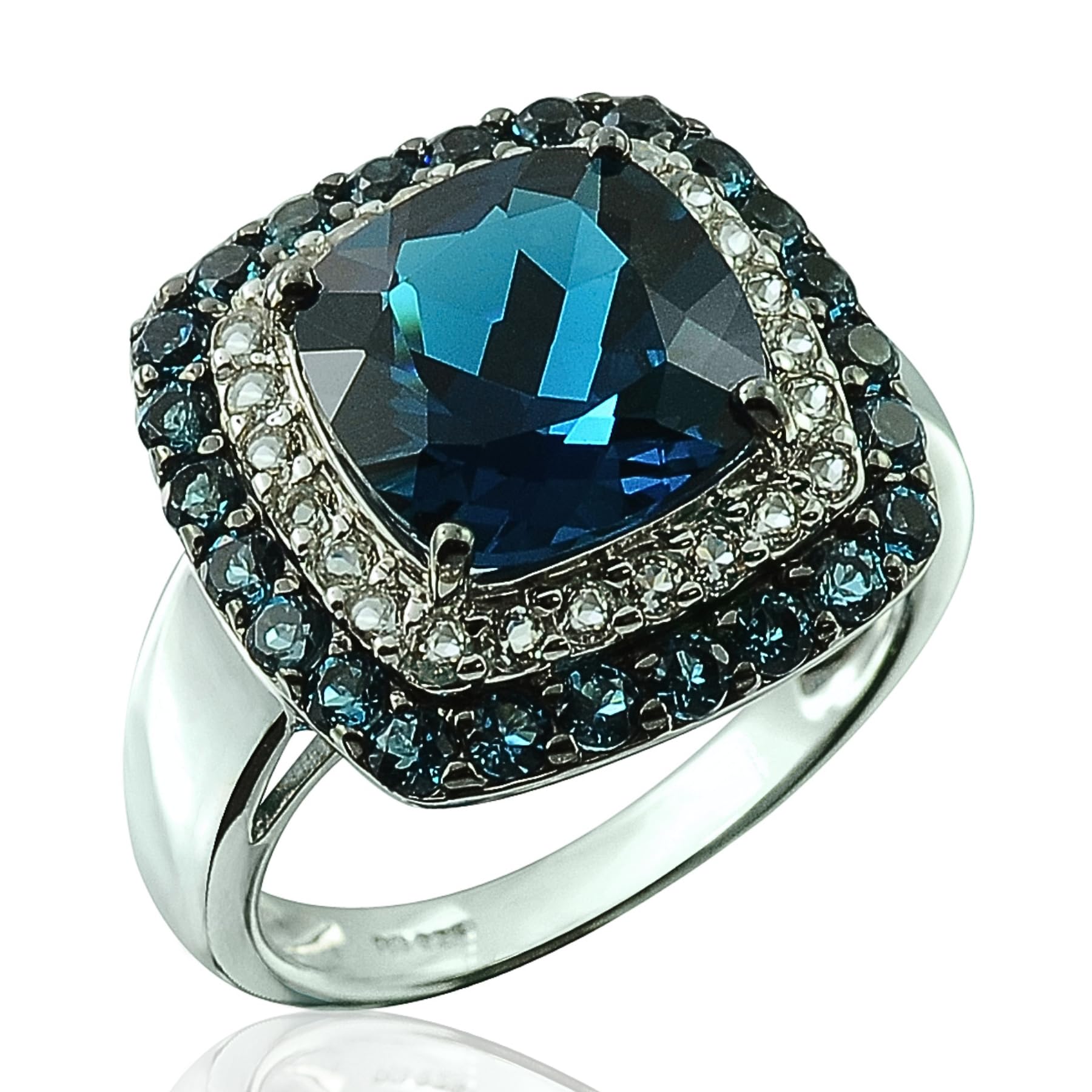 925 Sterling Silver Cocktail Ring with Genuine Cushion-Cut Gemstones - 10mm Double Row Accented Gems, 5 Carats, Rhodium Plated Finish - Perfect for Evening Parties, Weddings & Special Occasions