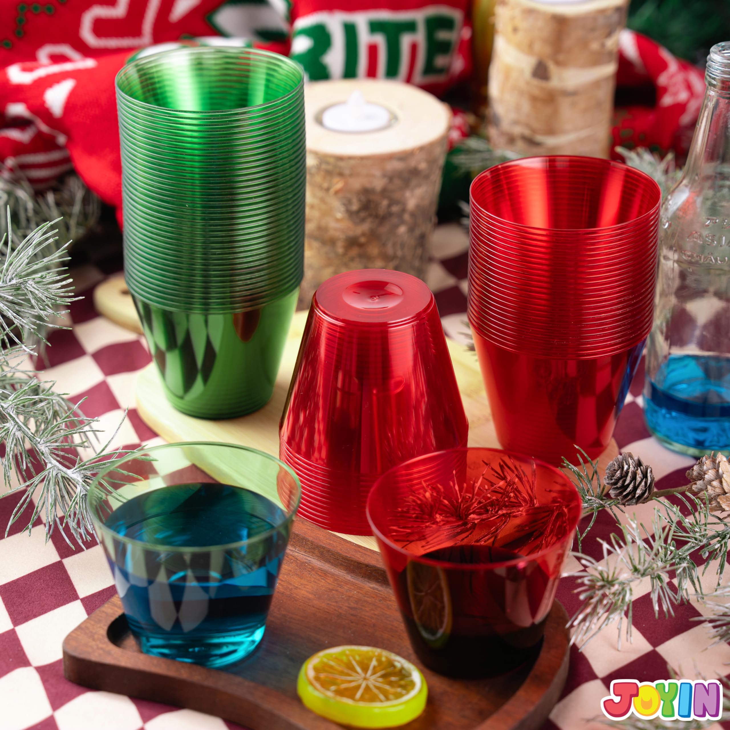 JOYIN 144-Pack Clear 9oz Disposable Plastic Cups - Christmas Red & Green Bulk Drinking Cups, Wine Glasses & Beverage Cups for Holiday Parties, Xmas Dinner, Office Celebrations & Family Gatherings