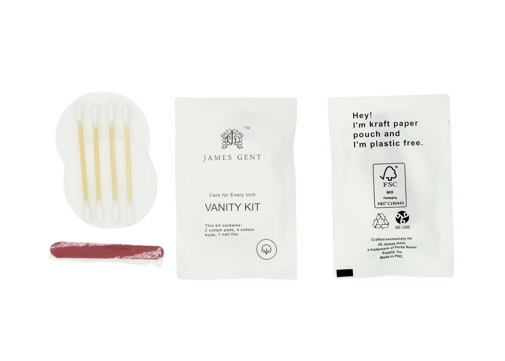 200/600 Pack James Gent Vanity Kit - Premium Cotton Pads, Cotton Swabs & Nail Files Set in Eco-Friendly Kraft Paper, Individually Wrapped Bulk Beauty Essentials for Travel, Salon & Home Grooming