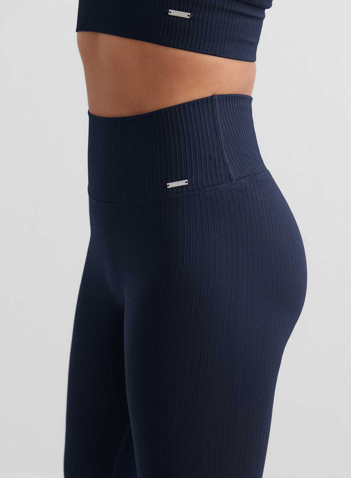 Navy Ribbed Seamless Petite Tights for Women - Comfortable Stretchy Yoga Workout Leggings - Perfect for Running, Gym, and Everyday Wear