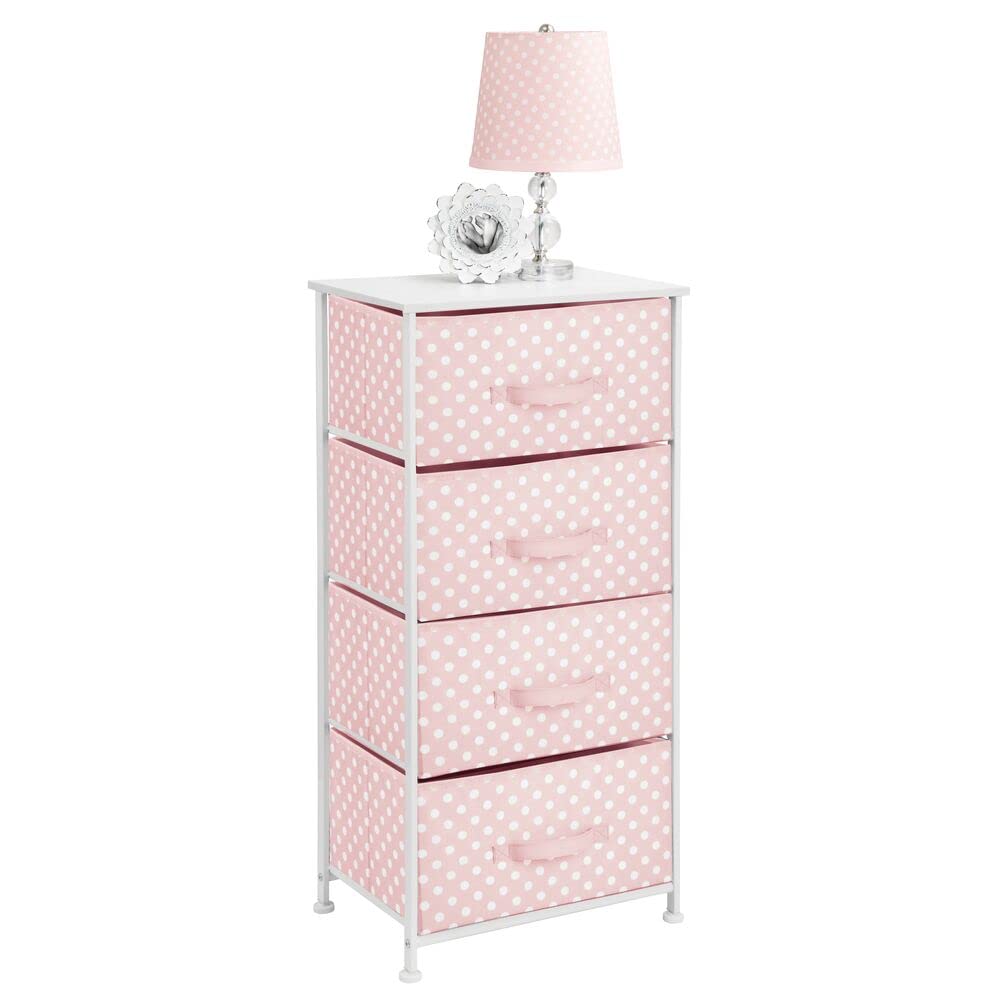 mDesign 4-Drawer Fabric Storage Tower - Sturdy Steel Frame & Wood Top Dresser Organizer for Bedroom, Hallway, Closet | Easy Pull Drawers | Polka Dot Pink/White Pattern | Perfect for Small Space Organization & Home Decor