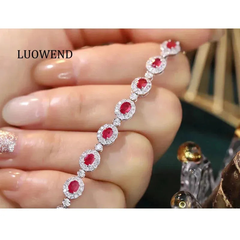 18K White Gold Women's Bracelet with Real Natural Ruby & Diamonds - Romantic Shiny Luxury Jewelry for Wedding, Anniversary & Special Occasions