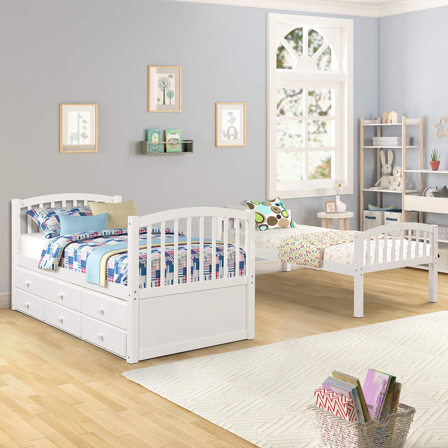 Twin Bunk Bed with Trundle & Storage - Convertible to 2 Beds - Kids Bedroom Furniture (White)