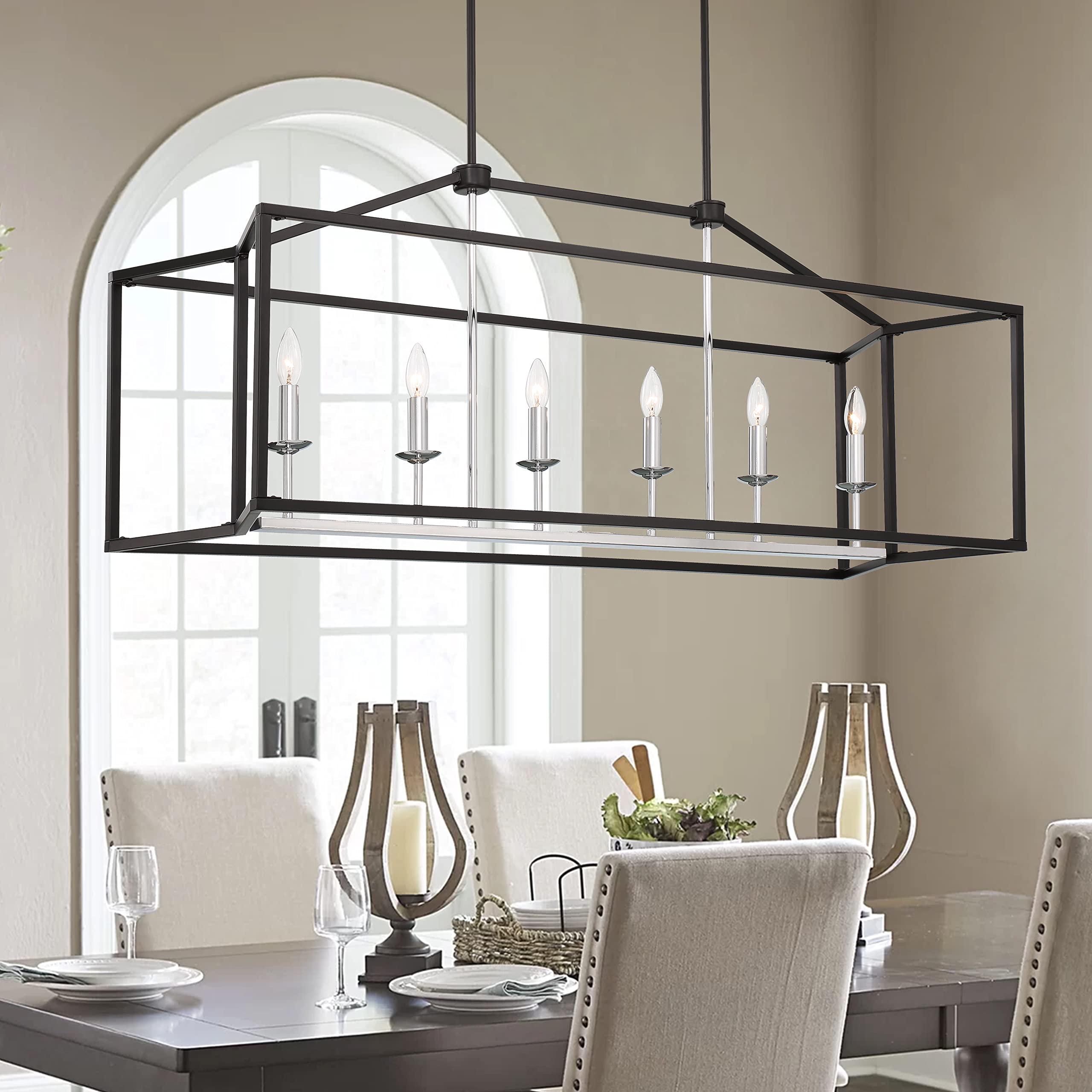 Vanity Art 6-Light Modern Farmhouse Linear Pendant Chandelier - Classic Black & Chrome Kitchen Island Lighting for Dining Table, Living Room | Durable Hanging Light Fixture for Home & Restaurant Decor