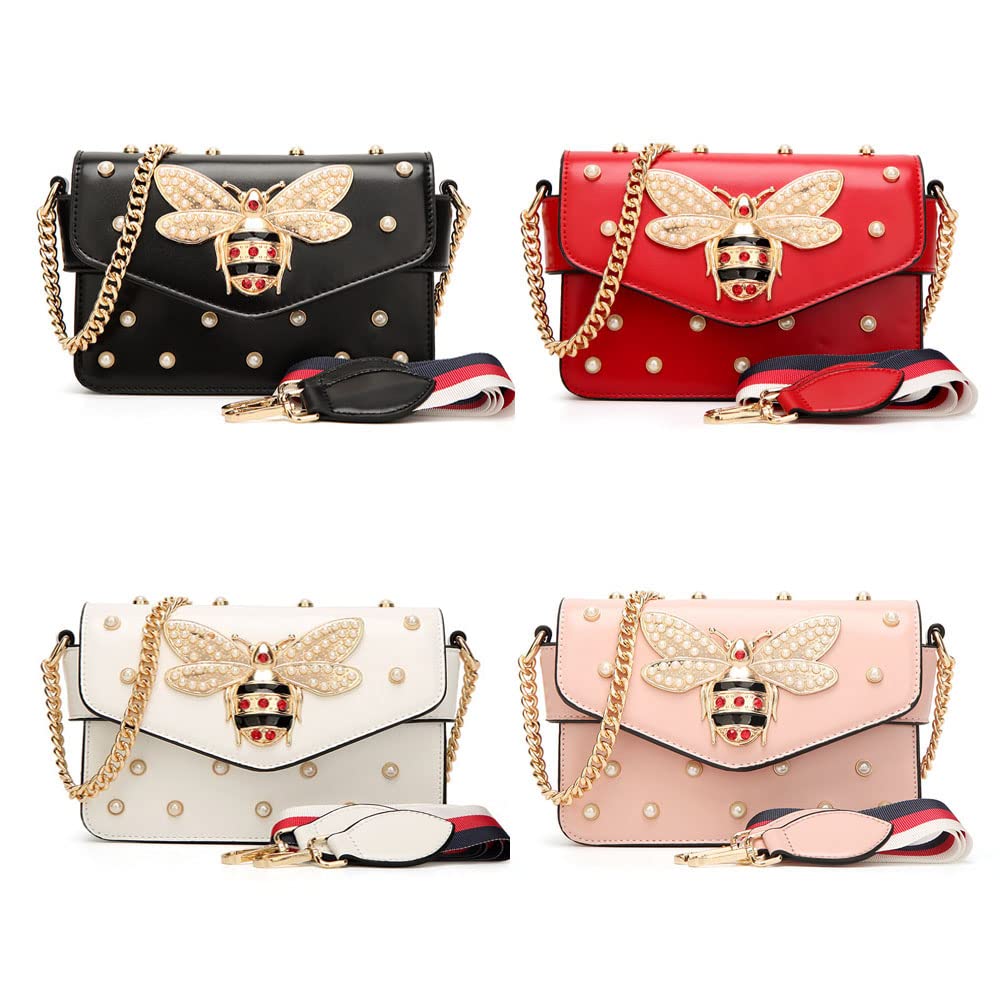 Stylish Bee Crossbody Bag with Pearls - Women's PU Leather Purse for Daily Use