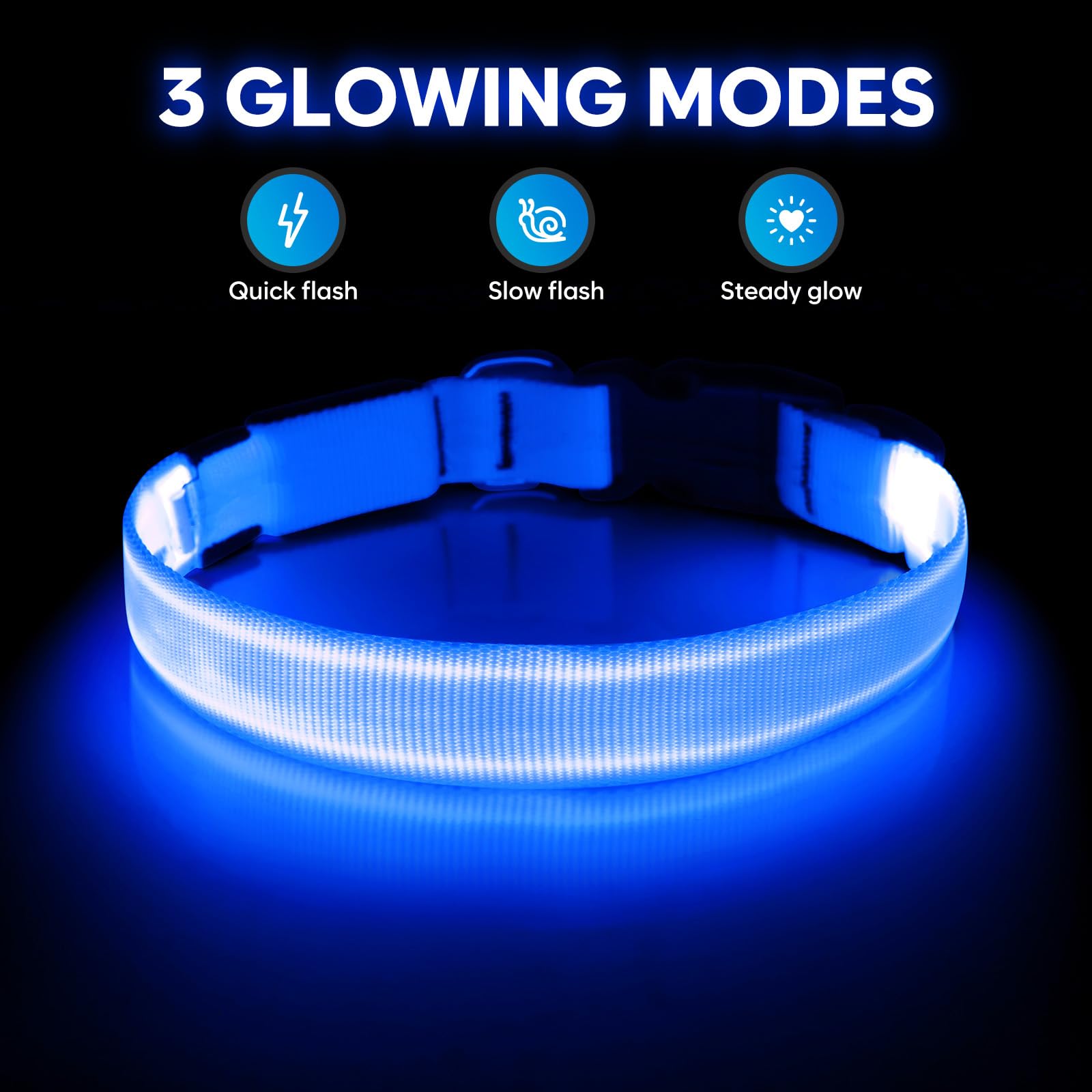 Illumifun USB Rechargeable LED Dog Collar - Glow in The Dark Adjustable Safety Light for Night Walking - Waterproof Reflective Pet Collar for Small/Medium Dogs (Blue) - Perfect for Evening Walks, Jogging & Outdoor Adventures
