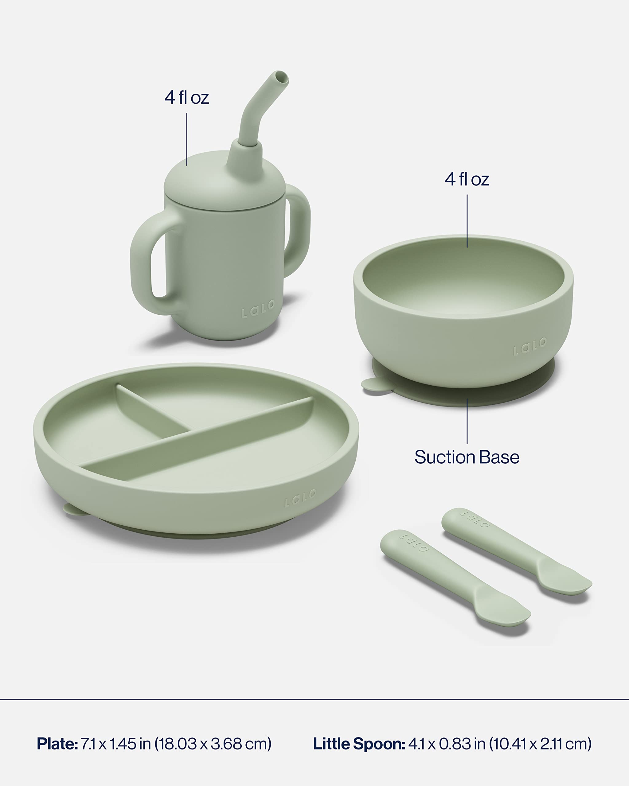 Lalo First Bites Silicone Baby Feeding Set - 6-Piece Non-Toxic Baby Led Weaning Kit with 2 Bibs, 2 Spoons, Training Cup, Suction Plate & Bowl - Safe for Infants & Toddlers - Perfect for Mess-Free Mealtime and Early Self-Feeding Development