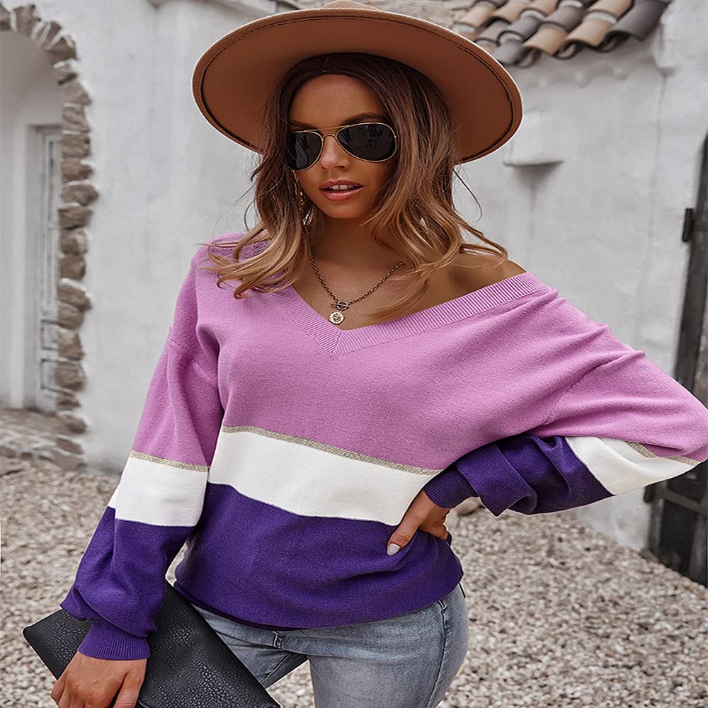 Women's Casual Knit Long Sleeve V-Neck Color Block Stripe Pullover Sweater Shirt Tunic - Comfortable Fall & Winter Layering Top for Work, Date Night and Weekend Outfits