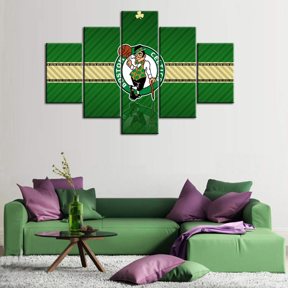 Boston Celtics NBA Basketball Wall Art - 5 Panel Canvas Painting 60''W x 40''H, Framed & Ready to Hang | Modern Sports Decor for Living Room, Man Cave, Game Room & Office | Native American Inspired Basketball Team Artwork