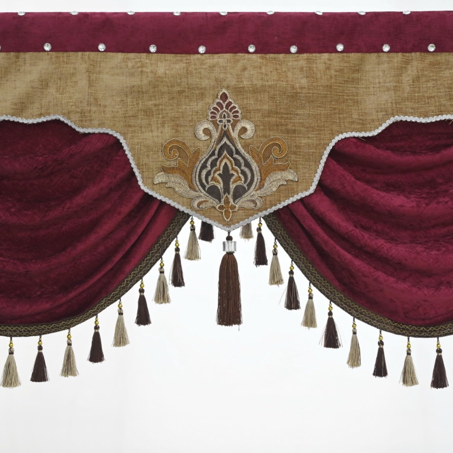 European Brown Burgundy Waterfall Valance with Tassel - Chenille Curtain Swag for Living Room Windows - Elegant Home Decor for Bedroom & Dining Room