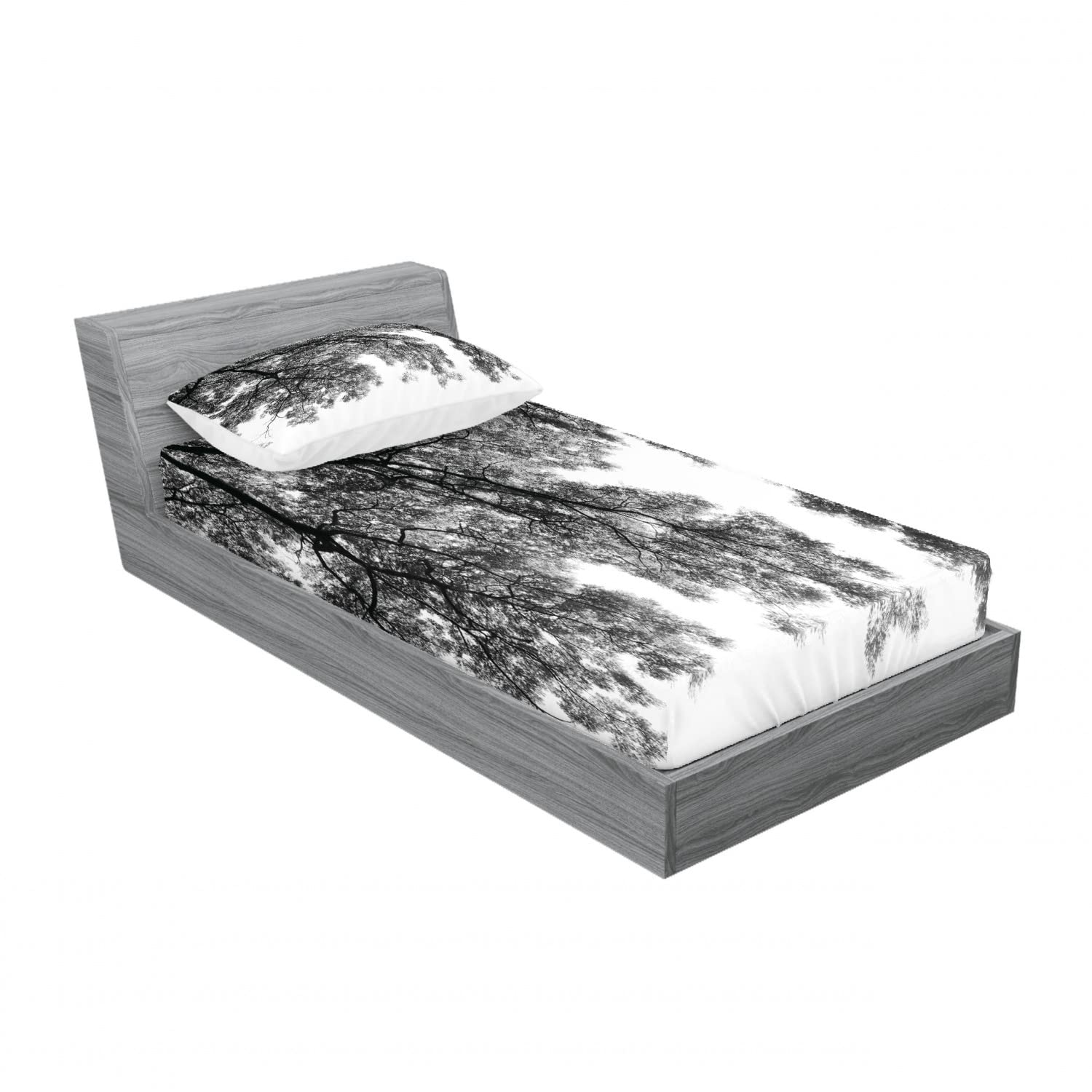 Ambesonne 2-Pack Twin Fitted Sheet & Pillow Sham Set - Tree Branches and Leaves Black White 4-Piece Bedding Decor | Perfect for Guest Rooms, Dorms, and Minimalist Home Decor