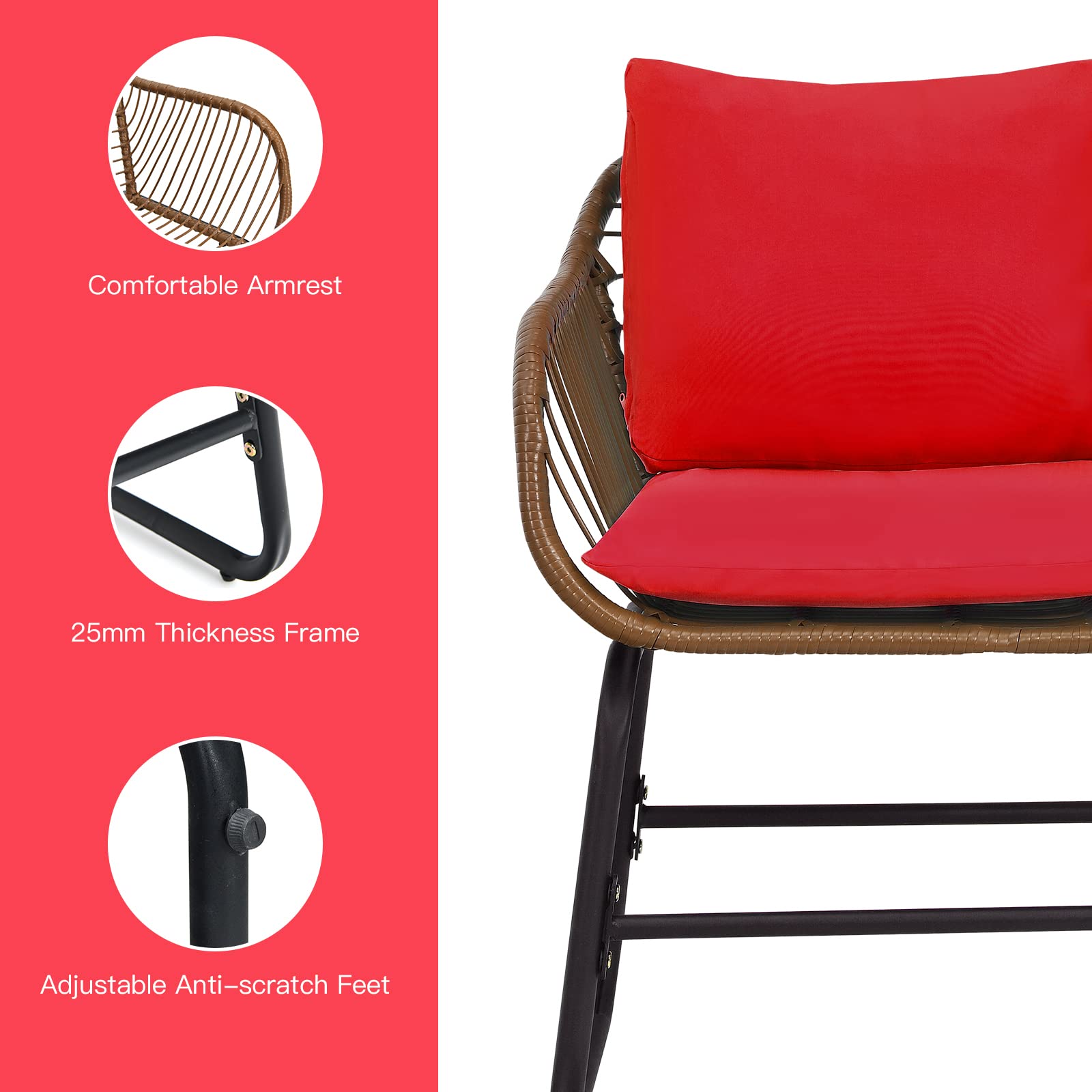Tangkula 3-Piece Outdoor Bistro Set - PE Rattan Patio Chairs with Coffee Table, Cushions & Adjustable Foot Pads - Perfect for Garden, Backyard, Balcony or Poolside (Red) | Ideal for Relaxing, Entertaining & Outdoor Dining