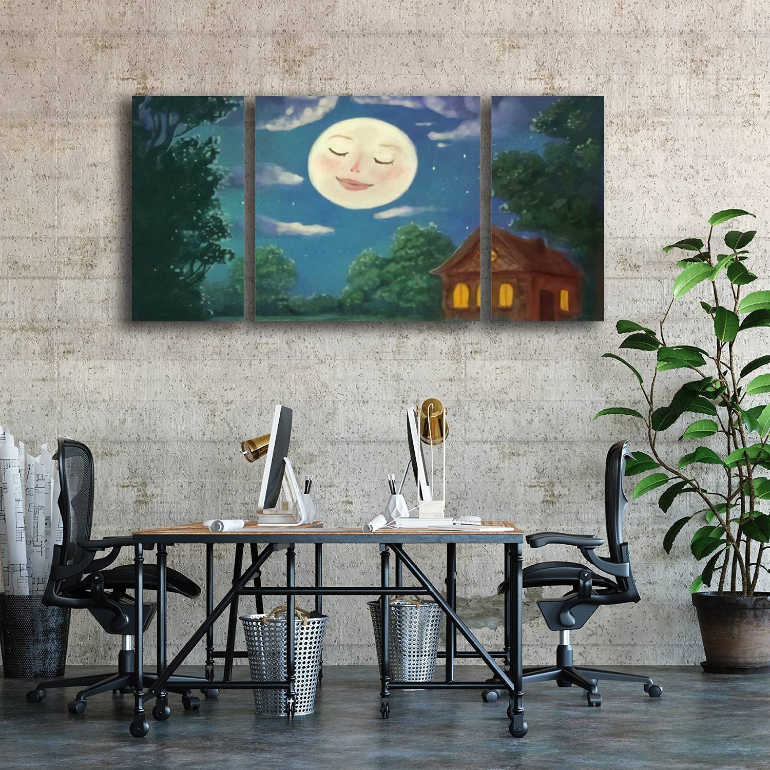 3 Panels Modern Canvas Wall Art - Cute Night Landscape with Smiling Moon, 3D Printed Framed Painting for Home & Office Decor (Ready to Hang) - Perfect for Living Room, Bedroom or Workspace Aesthetic
