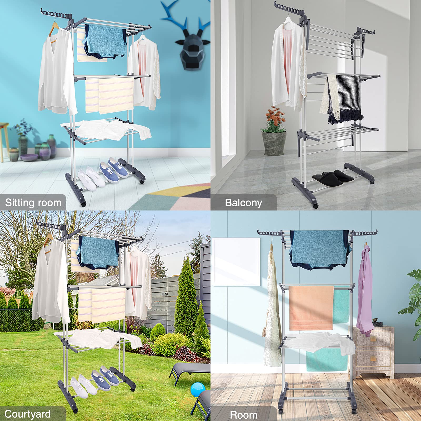3-Tier Rolling Clothes Drying Rack - Large Folding Garment Rack with Foldable Wings & Wheels for Indoor/Outdoor Use - Perfect for Apartments, Laundry Rooms, Balconies and Small Spaces
