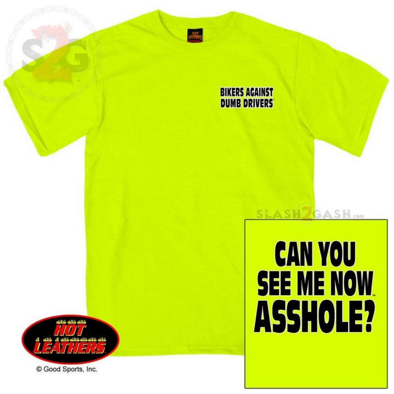 High Visibility Safety Green 'Can You See Me Now A**HOLE' Leather T-Shirt - Perfect for Construction, Motorcycle Riders & Outdoor Work