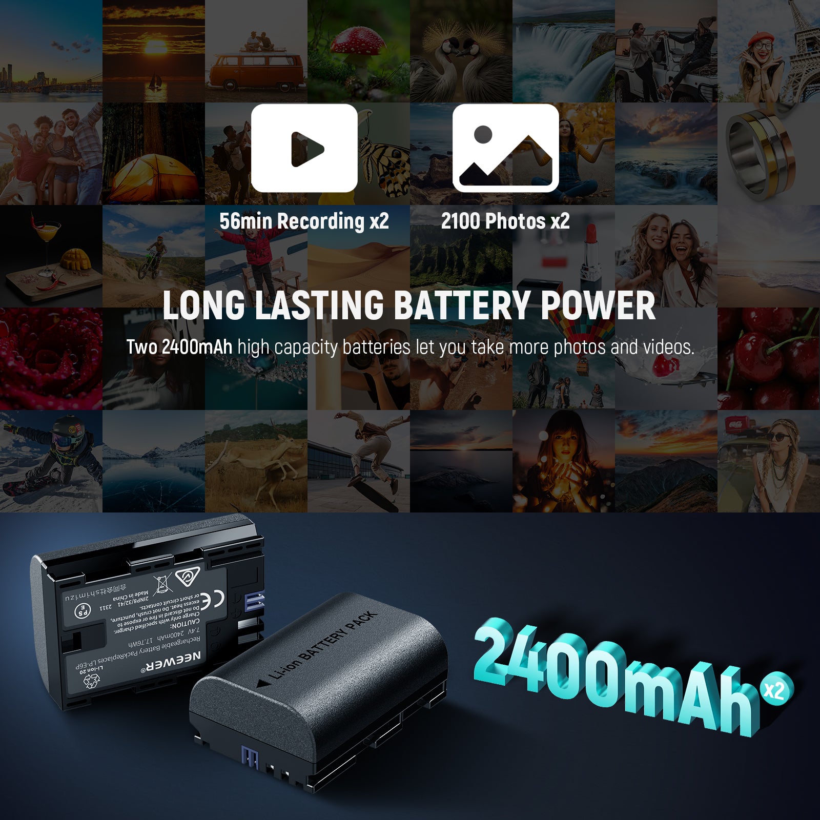 NEEWER 2 Pack 2400mAh LP-E6P Replacement Battery and Charger Kit for Canon EOS 5D Mark IV, 5D Mark III, 7D, 6D, 60D, 70D - Professional Photography, Travel, and Outdoor Shooting Accessories