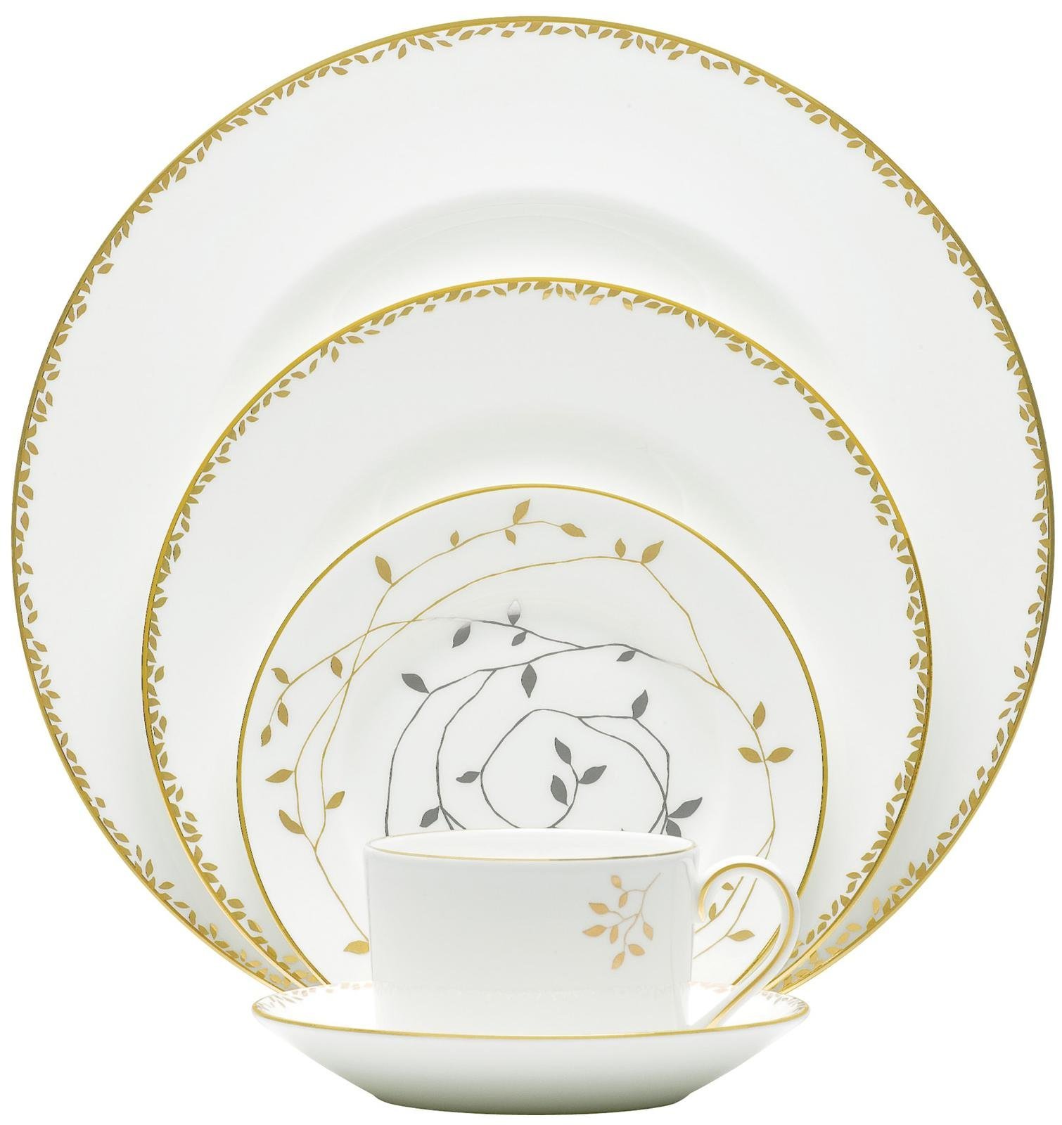 Wedgwood Vera Wang Gilded Leaf 5-Piece Dinner Plate Set - Elegant Fine China Place Setting for Weddings & Formal Dining