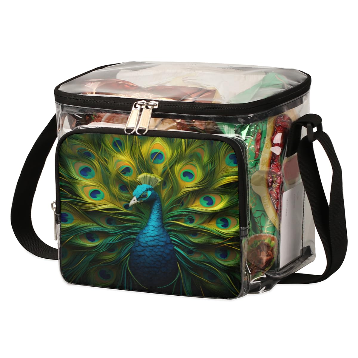 GzLeyigou Peacock Feather Design Clear Tote Bag with Handles - Transparent Crossbody Shoulder Bag for Lunch, Outdoor, Travel, Picnic, Concerts & Sports Events - Stadium Approved Multi-Purpose Carryall for Women's Fashion Accessories