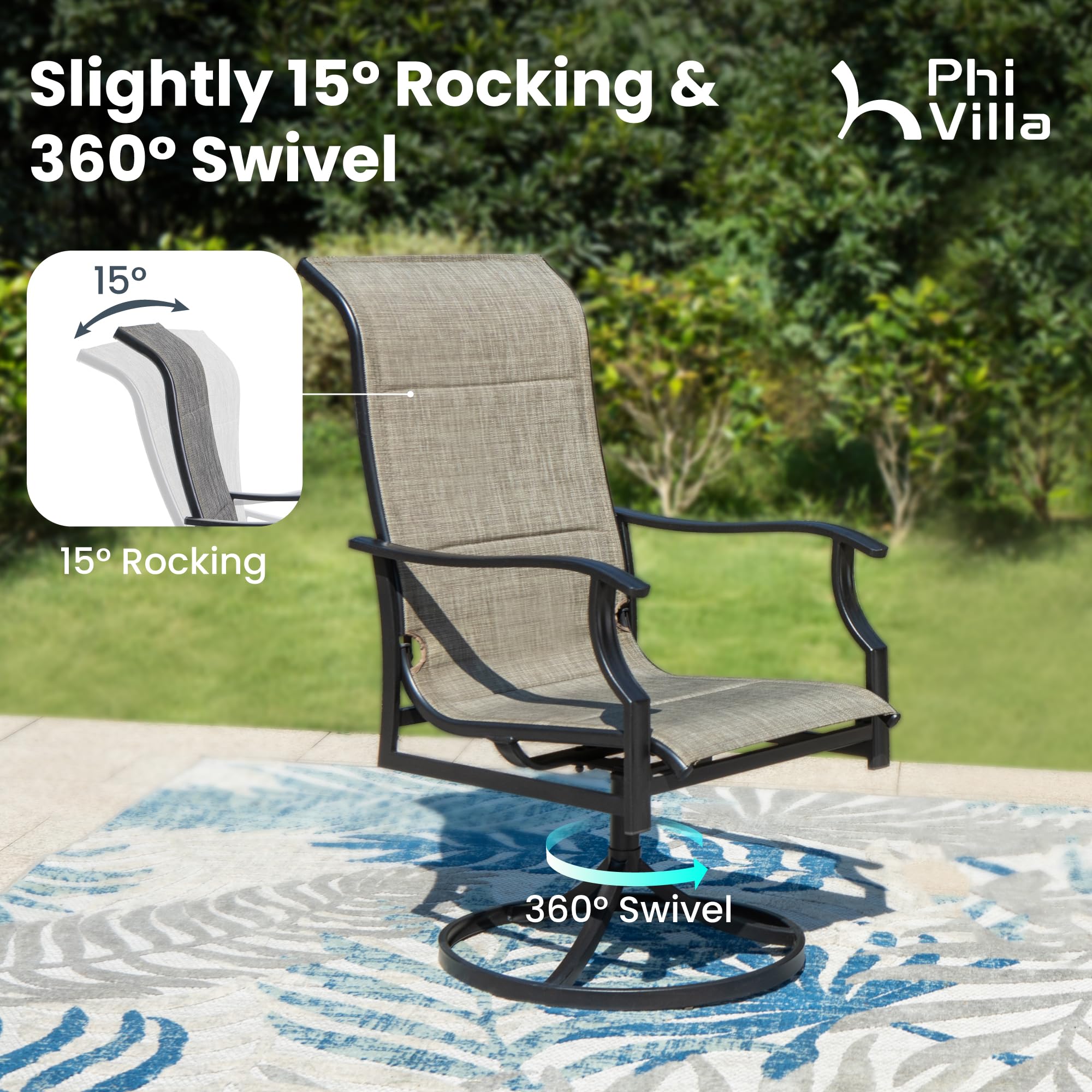 PHI VILLA 7-Piece Outdoor Dining Set - Metal Rectangular Patio Table with 6 Chairs (4 Standard & 2 Swivel) for Backyard, Garden, Deck, Porch - Weather-Resistant Outdoor Furniture for Entertaining & Relaxation