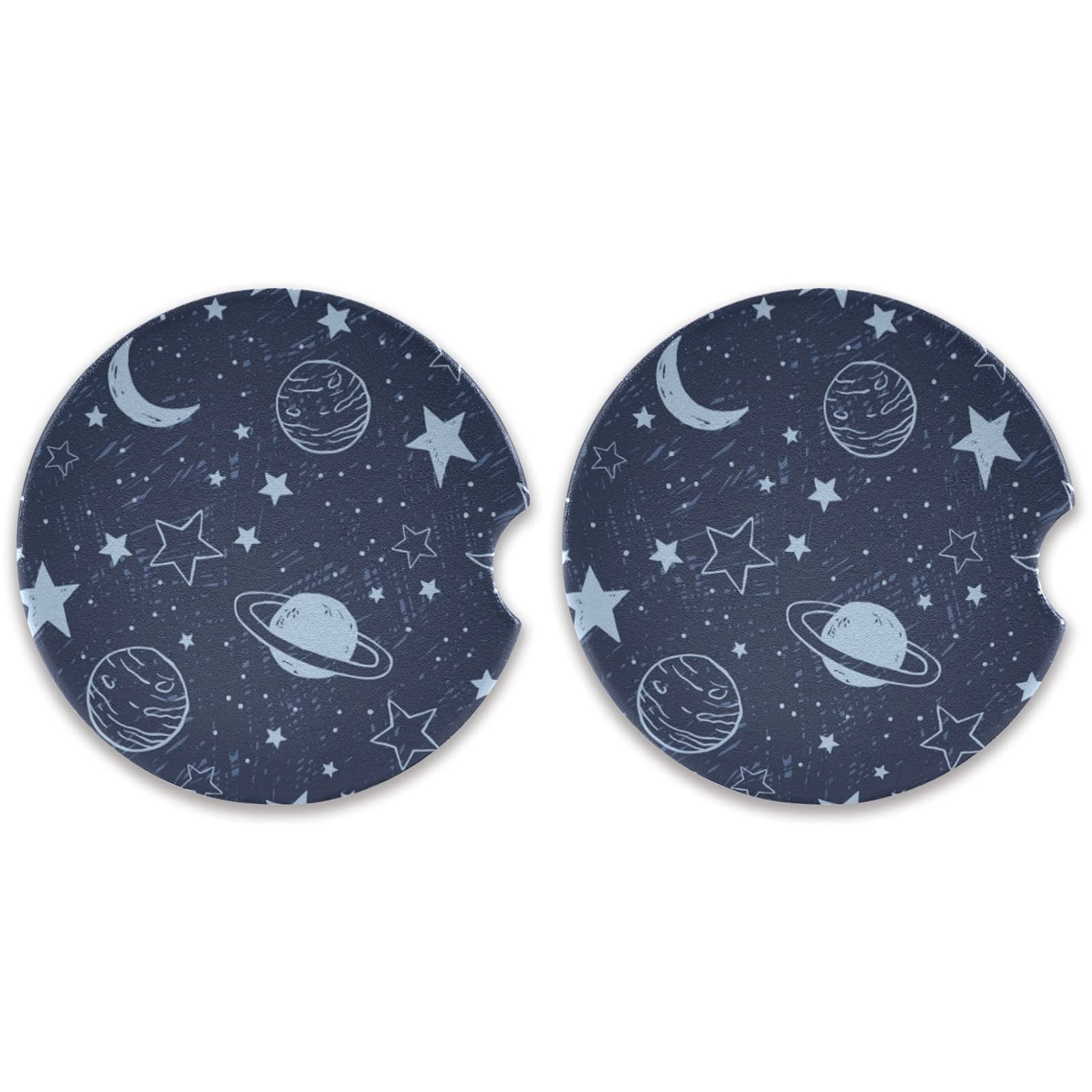 ATTX 2 Pack Absorbent Ceramic Car Coasters for Drinks - Doodle Blue Planets & Stars Design, Non-Slip Fingertip Grip Cup Holder Coasters (2.5 Inch) - Perfect for Coffee, Soda & Water Bottles in Cars, Trucks & SUVs
