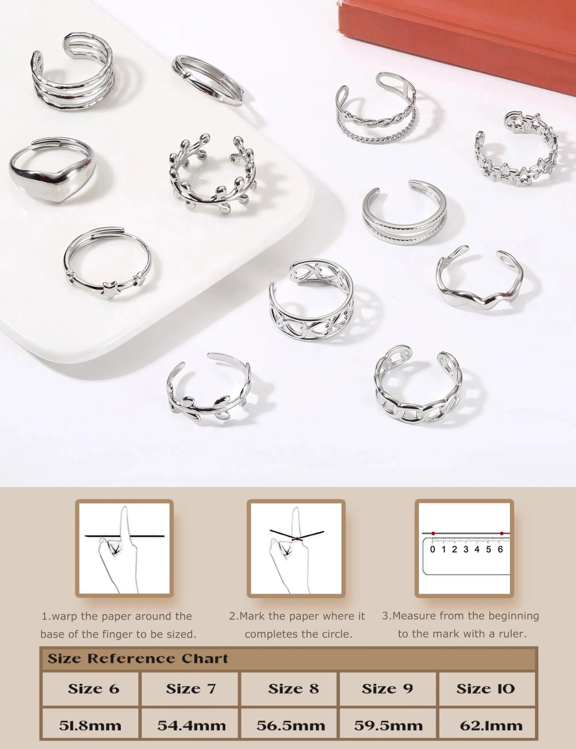 12Pcs Stainless Steel Stackable Rings for Women - Silver Aesthetic Adjustable Open Knuckle & Thumb Rings (Size 6-9) - Trendy Indie Jewelry for Everyday Wear, Layering & Boho Fashion